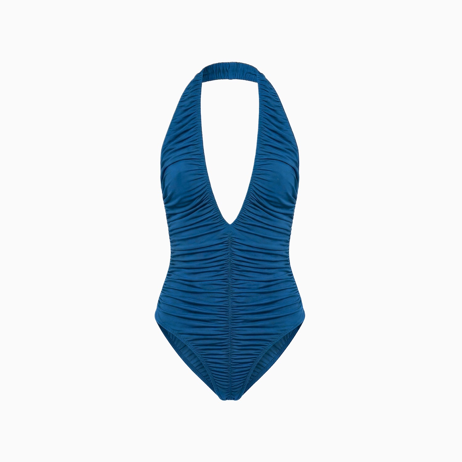 Body Drapeado Hexa azul visto de frente, com decote V profundo, alça frente-única e franzido em todo o corpo