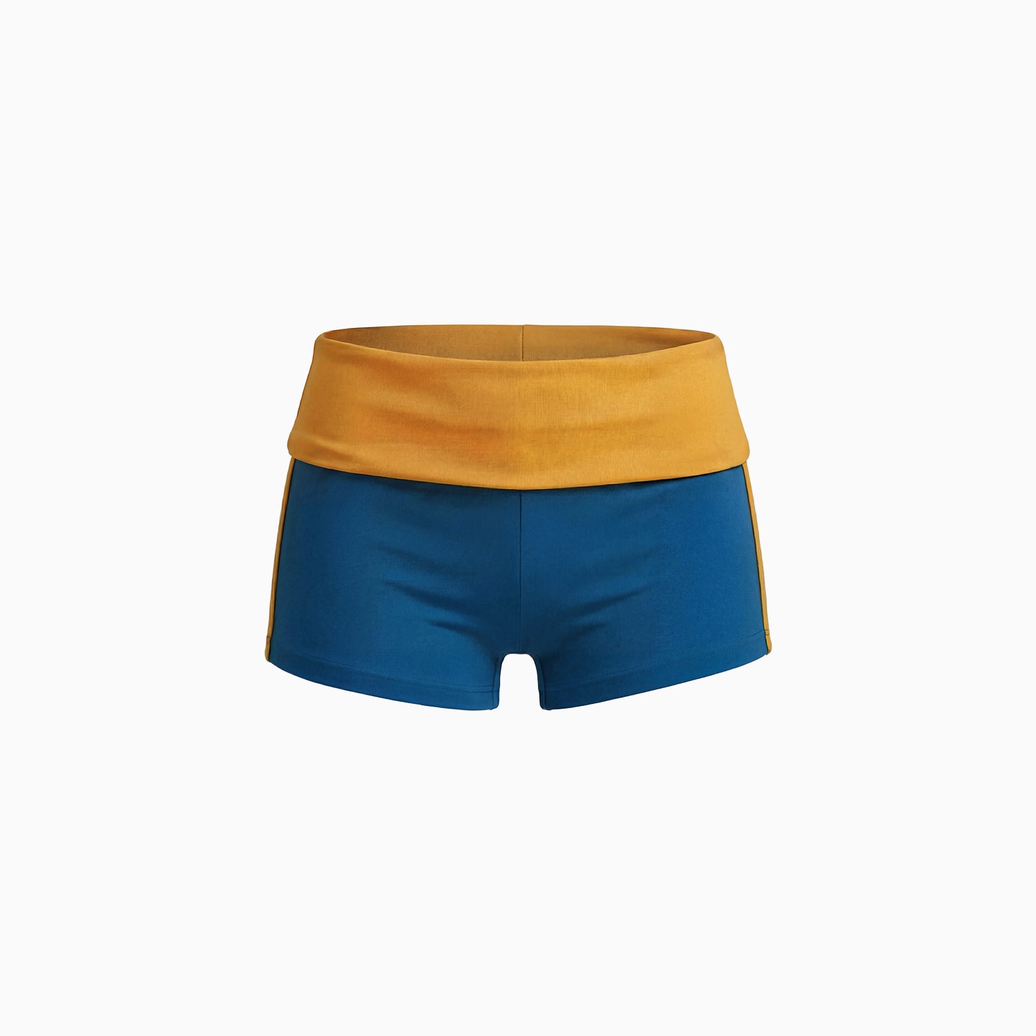 Mini Shorts Hexa azul com cós dobrado amarelo e vivo lateral, cintura baixa e comprimento curto, visto de frente