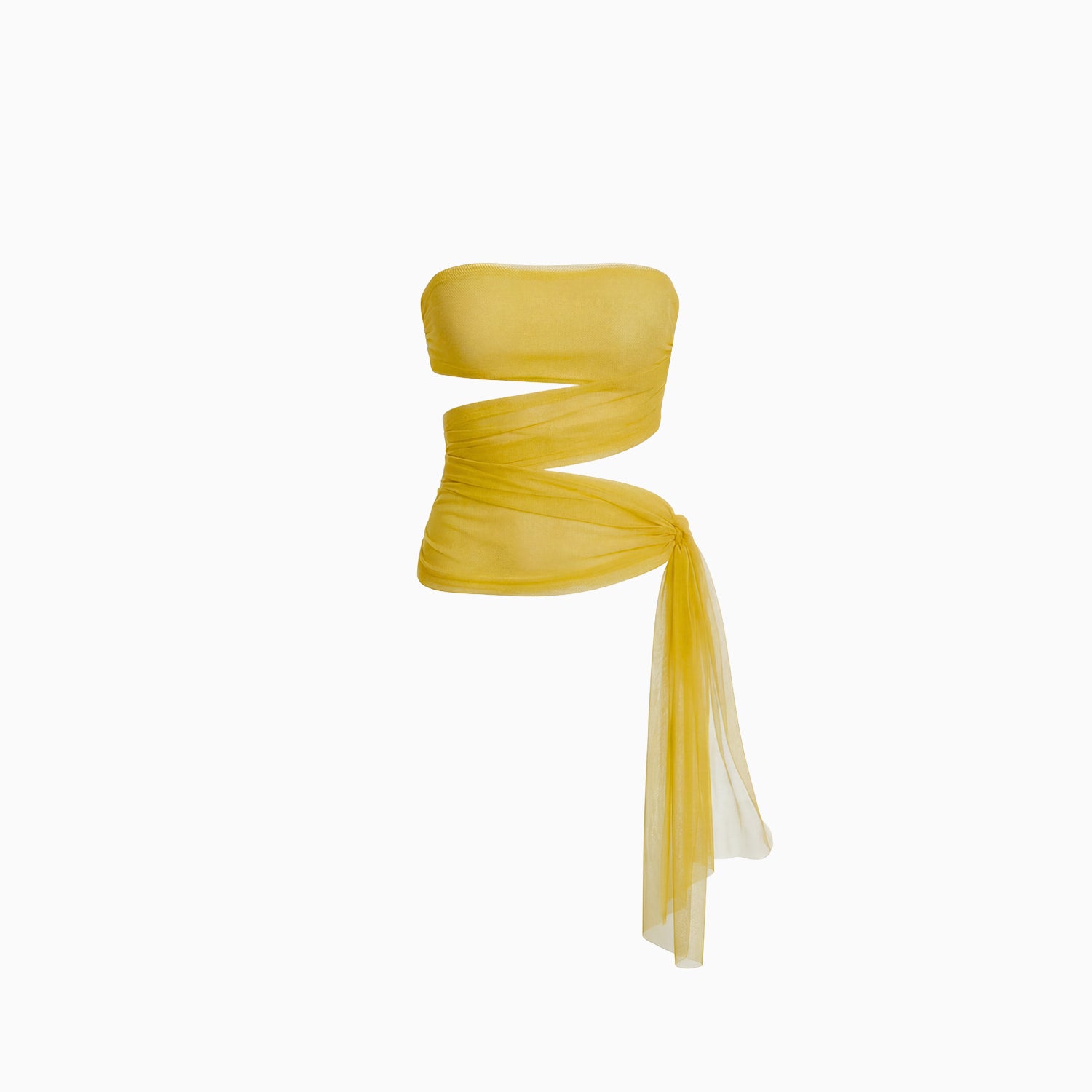 Top Tule Hexa amarelo tomara-que-caia em tule com faixa que amarra na lateral e ponta caindo