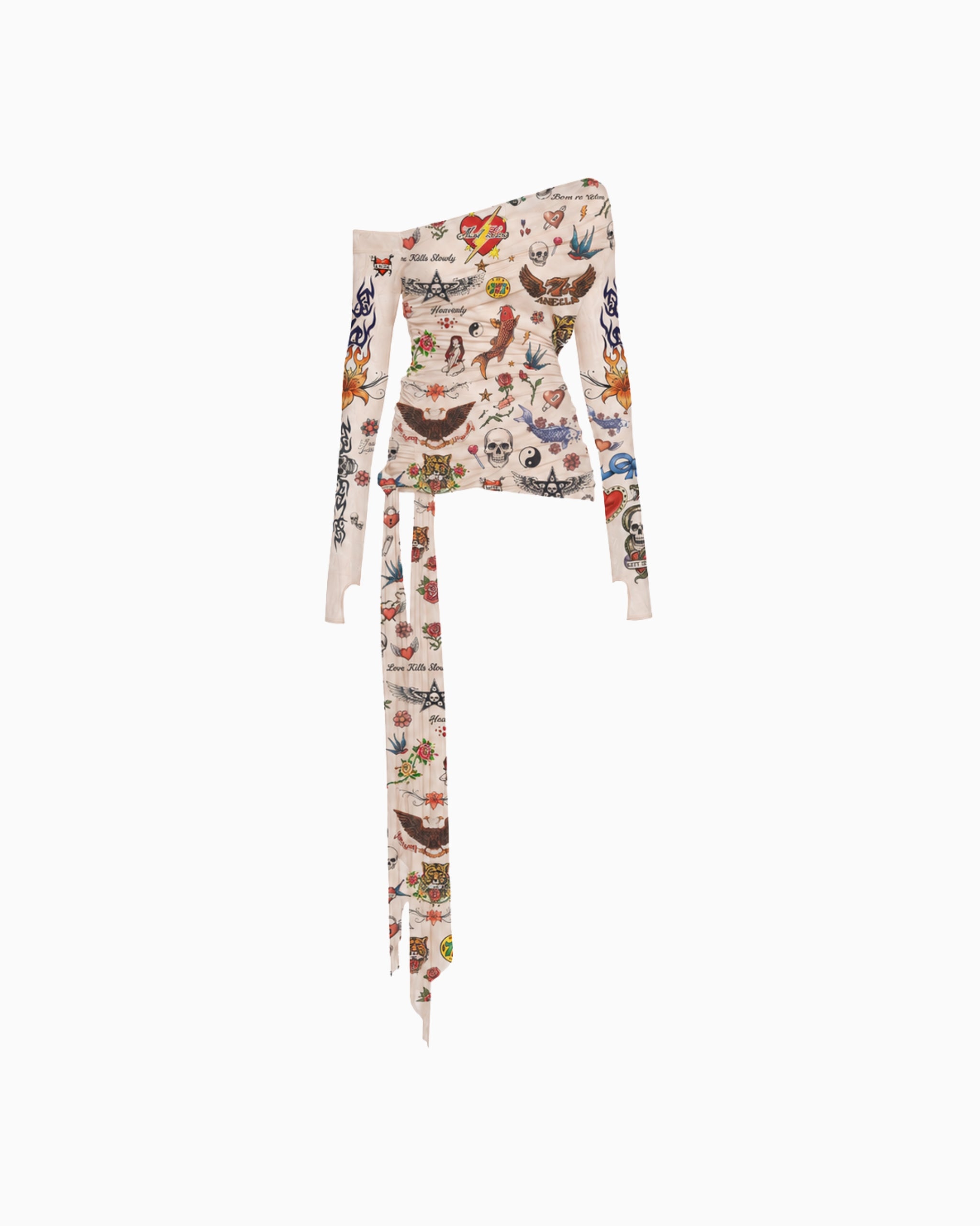 Blusa Manga Longa Transpasses Tule Tigre bege com estampa de tatuagem, ombro caído e faixas longas soltas