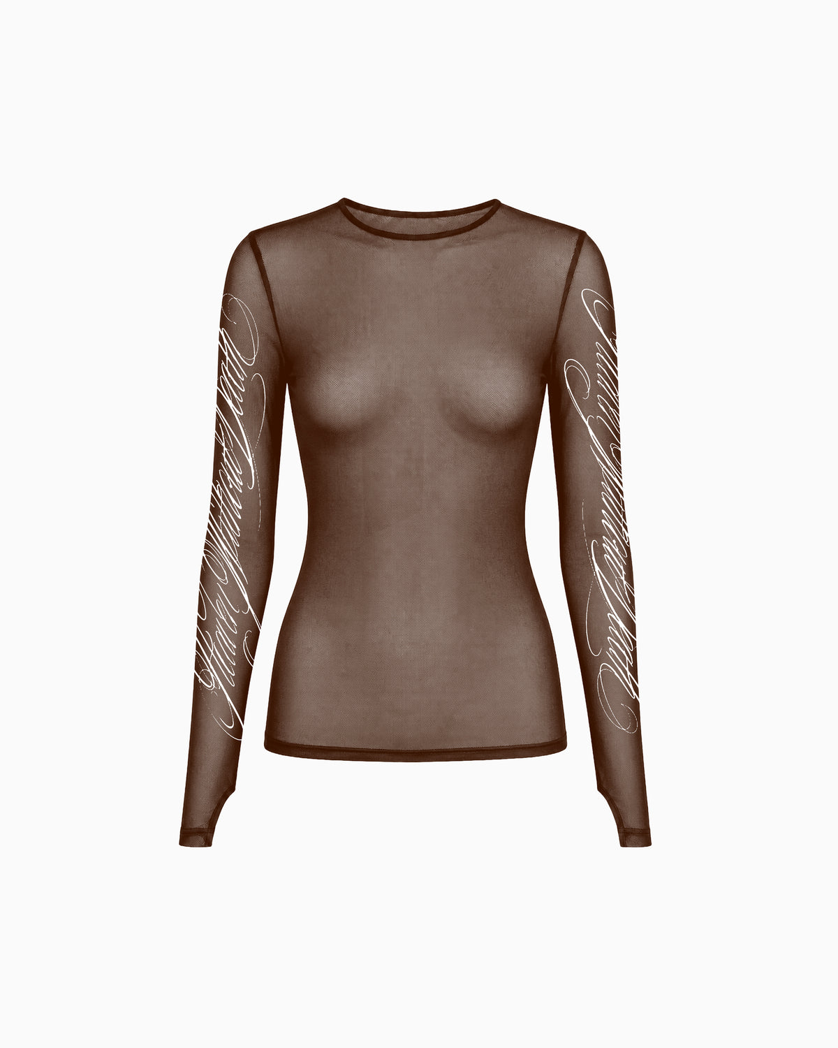 BlusaTuleEstampasLaterais marrom em tule transparente, com estampas brancas nas mangas, vista frontal