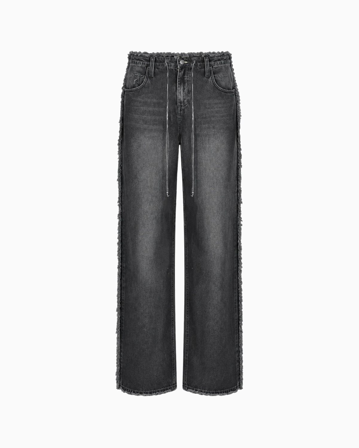 Calça Jeans Preta Desfiada em lavagem escura, pernas largas com franjas laterais e cordão na cintura, peça sozinha