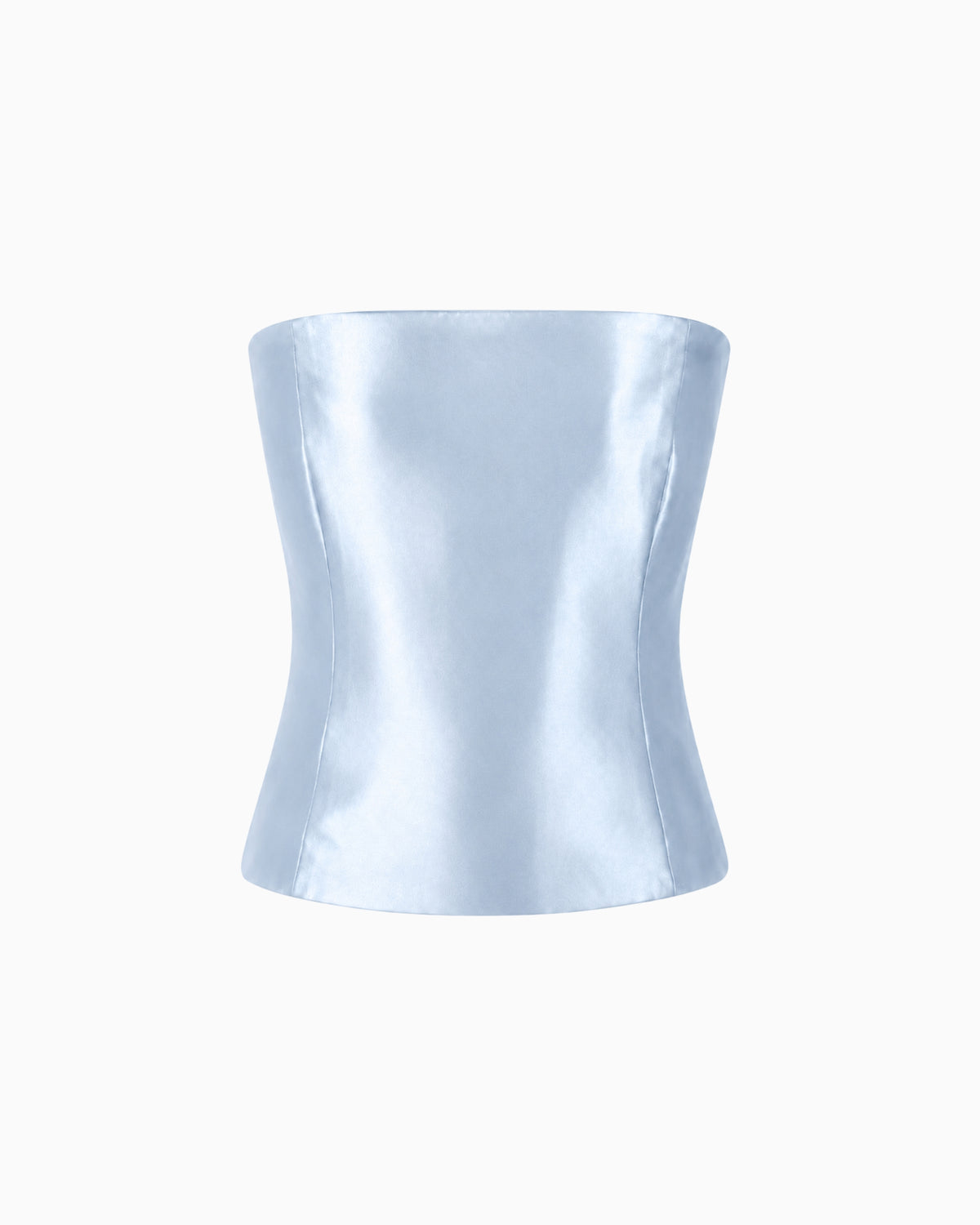 Corset Decote Reto Crepe Ivo azul claro acetinado, decote reto sem alças e corpo estruturado, peça sozinha
