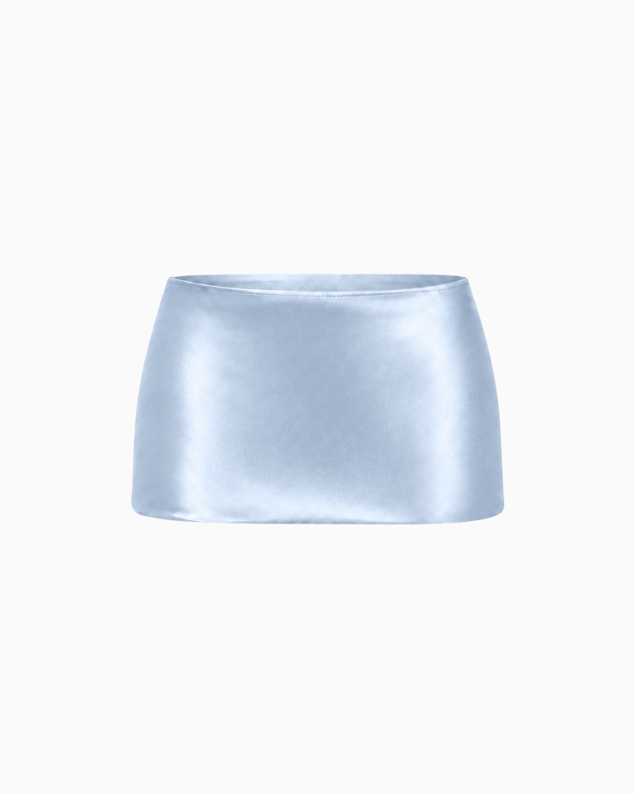 Mini Saia Crepe Ivo azul claro acetinada, cós reto de cintura baixa e comprimento curtíssimo, peça sozinha