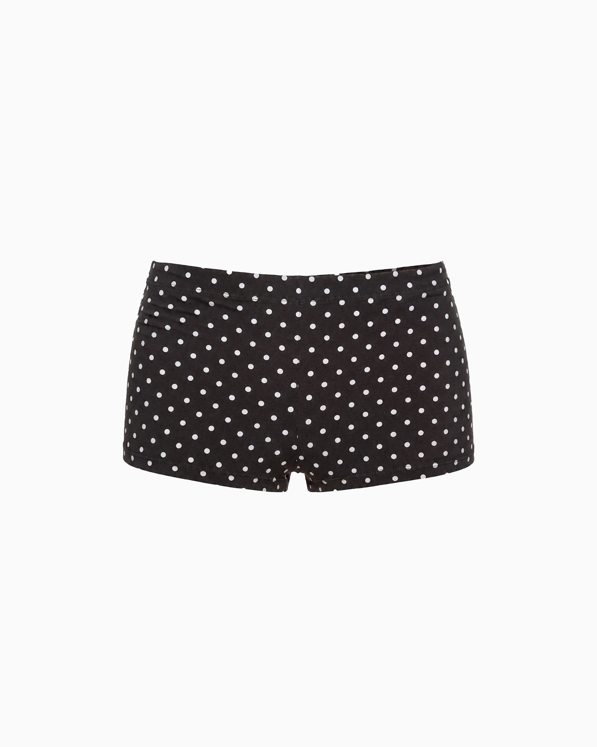 Mini Shorts Poá preto com estampa de poás brancos, vista frontal da peça