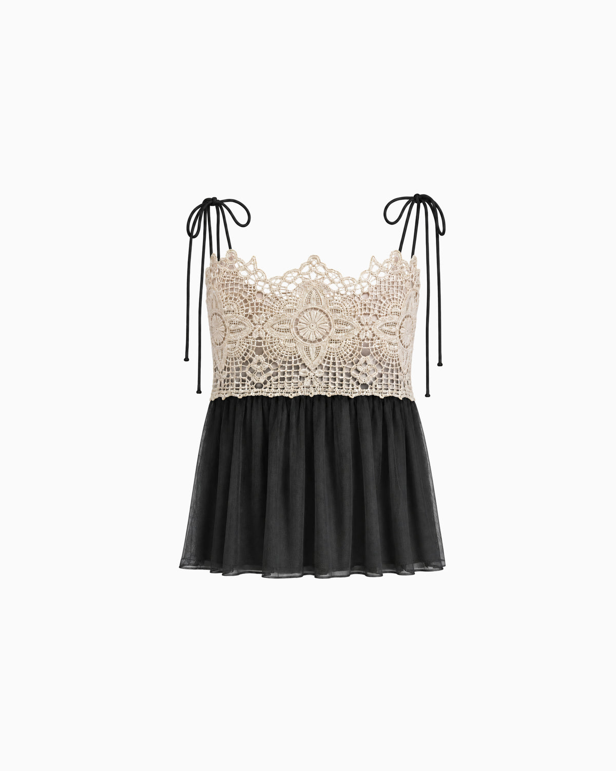 Top Tule Com Renda preto, com busto bege em renda floral, alças de amarração e barra em tule, vista frontal