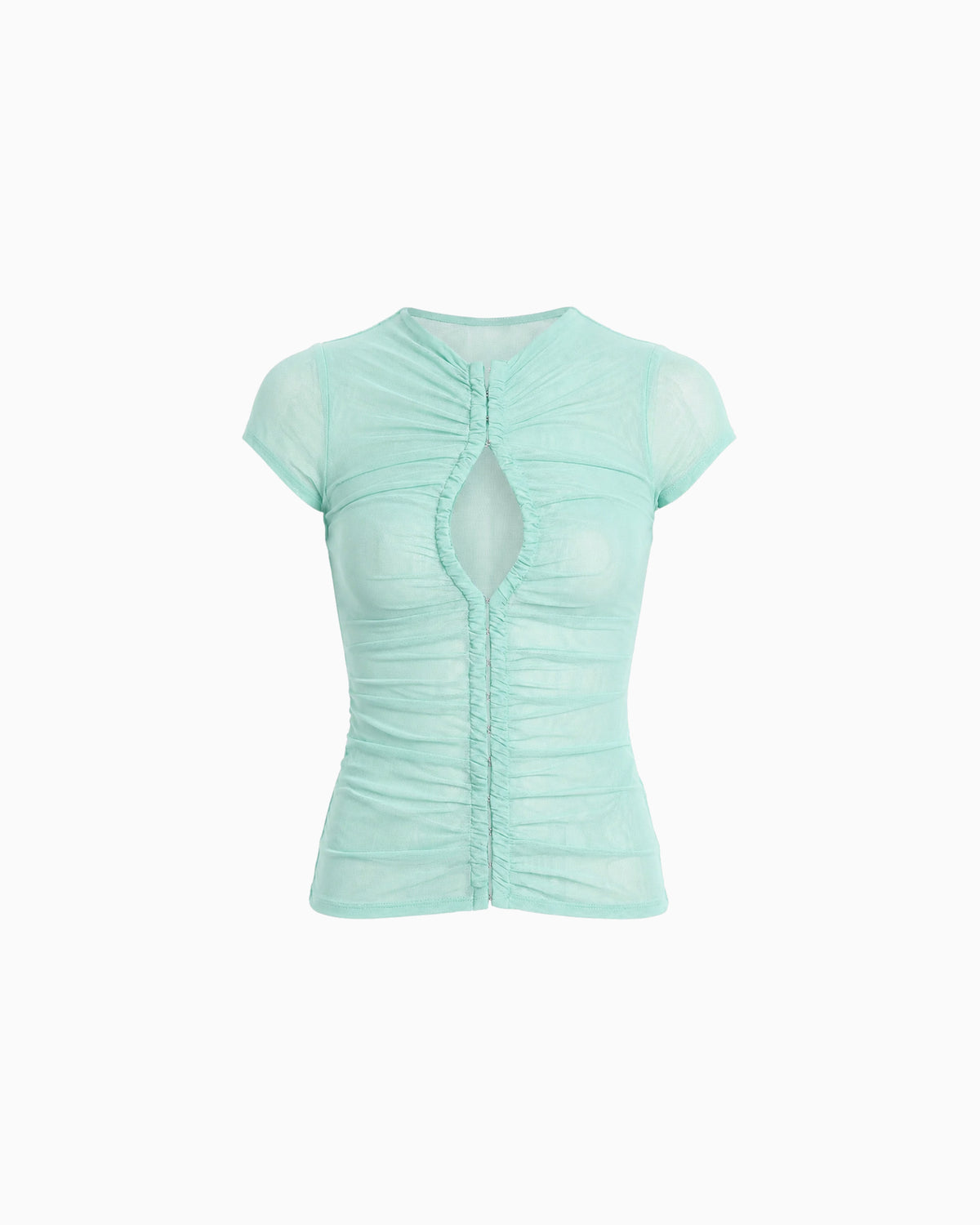 Top Tule Decote Gota turquesa, com mangas curtas, franzidos e fechamento frontal por colchetes, vista frontal