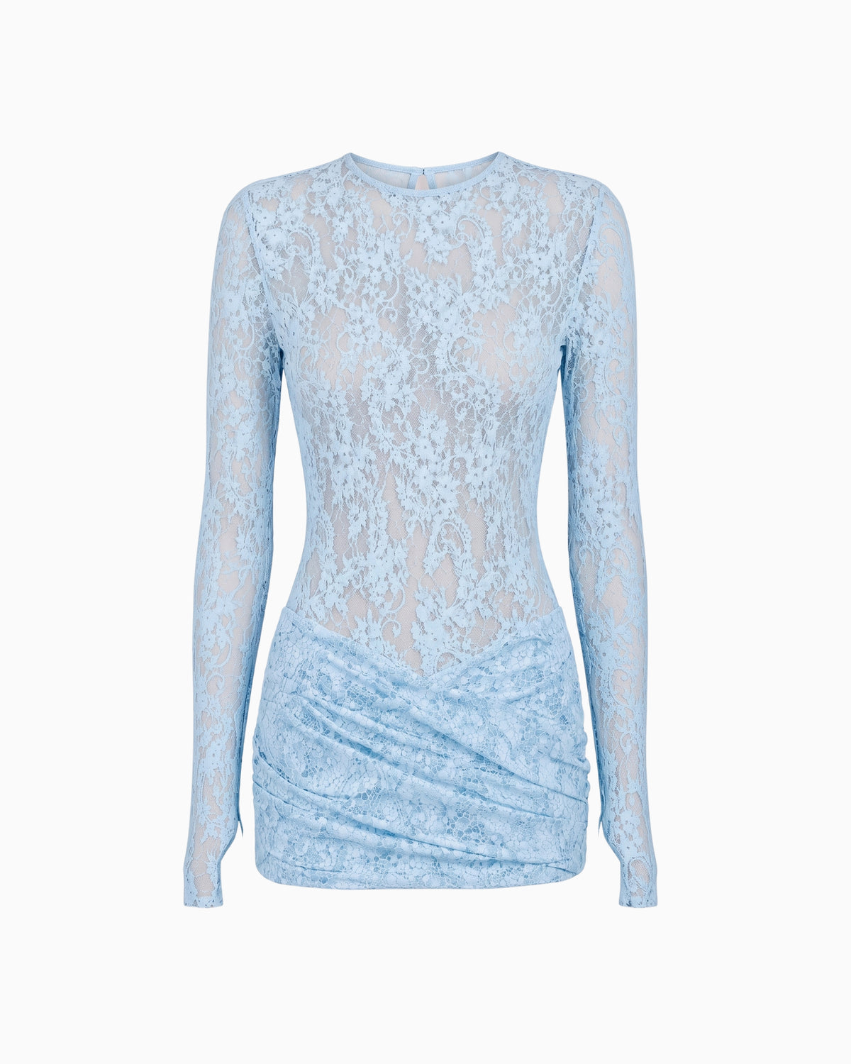 Vestido Curto Renda Haze azul claro em renda floral, manga longa e saia curta drapeada, peça sozinha