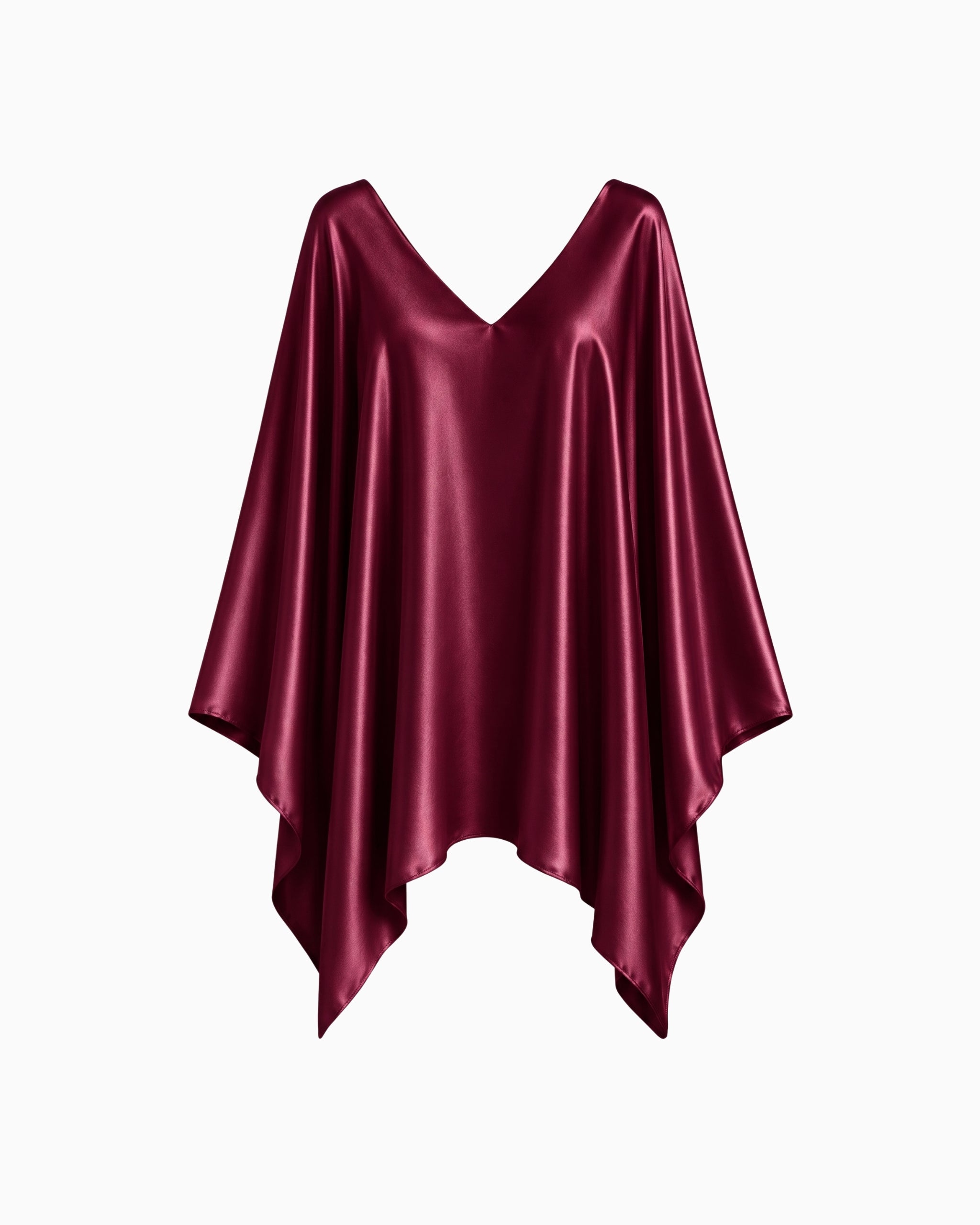 Vestido Curto Manga Morcego Ivo vinho em cetim brilhante, decote V e barra em pontas, peça sozinha