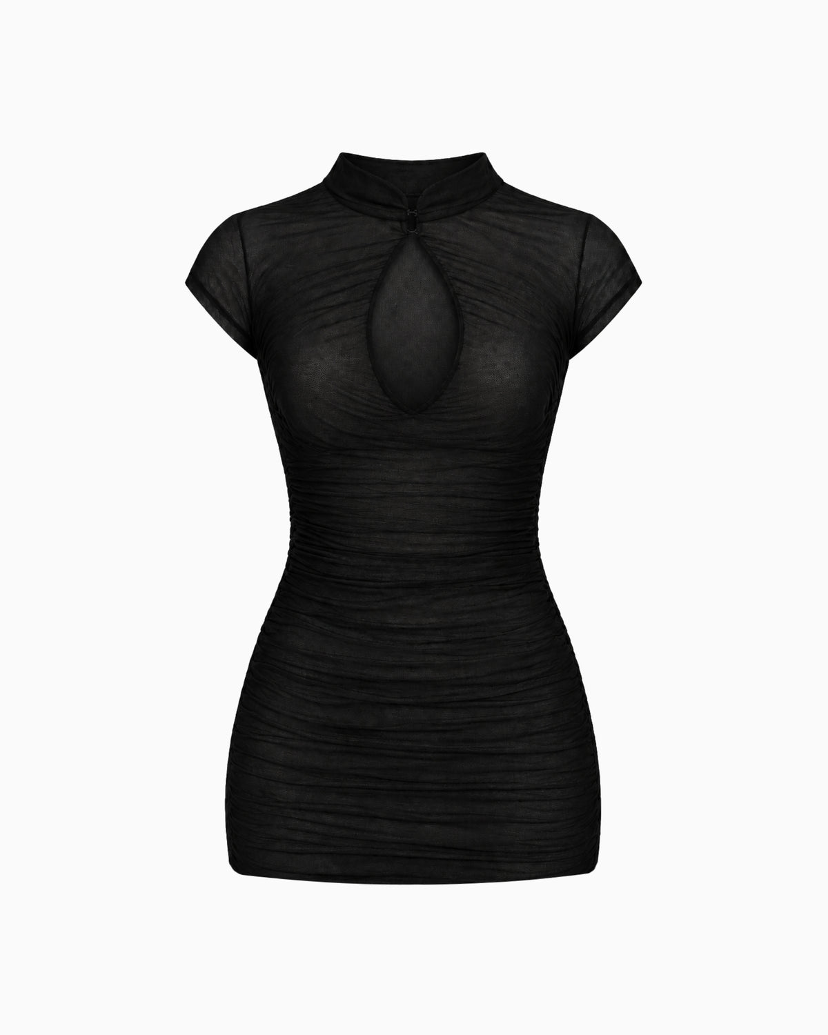 Vestido Curto Tule Decote Gota preto, com mangas curtas, franzidos e abertura frontal, vista frontal