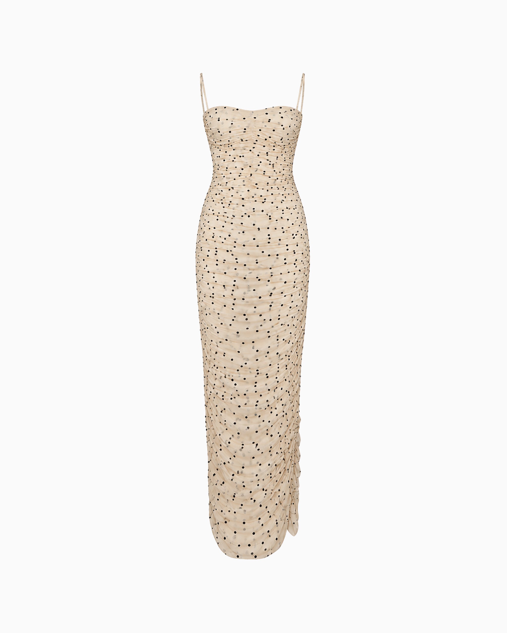 Vestido Longo de Alça Poá bege com poás pretos, alças finas e franzidos, vista frontal