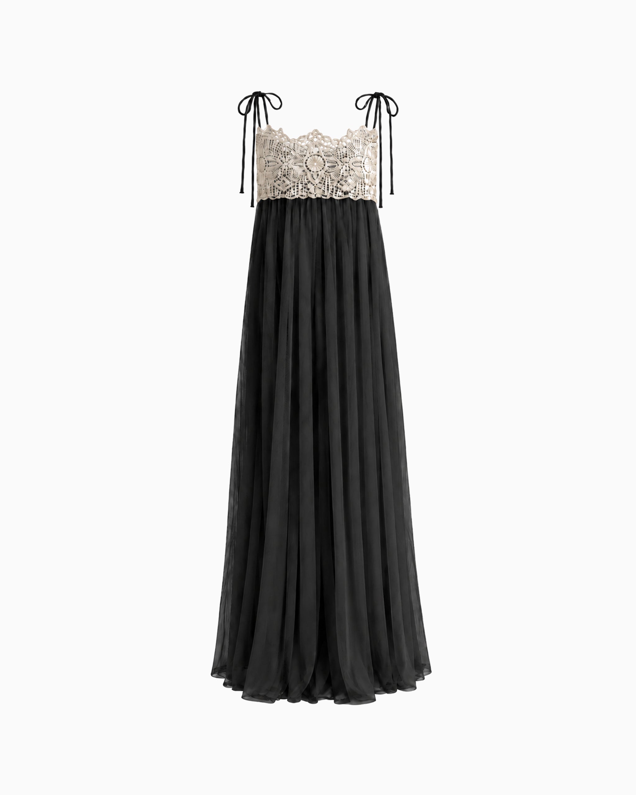 Vestido Longo Tule Com Renda preto, com busto bege rendado, alças de amarração e saia ampla, vista frontal