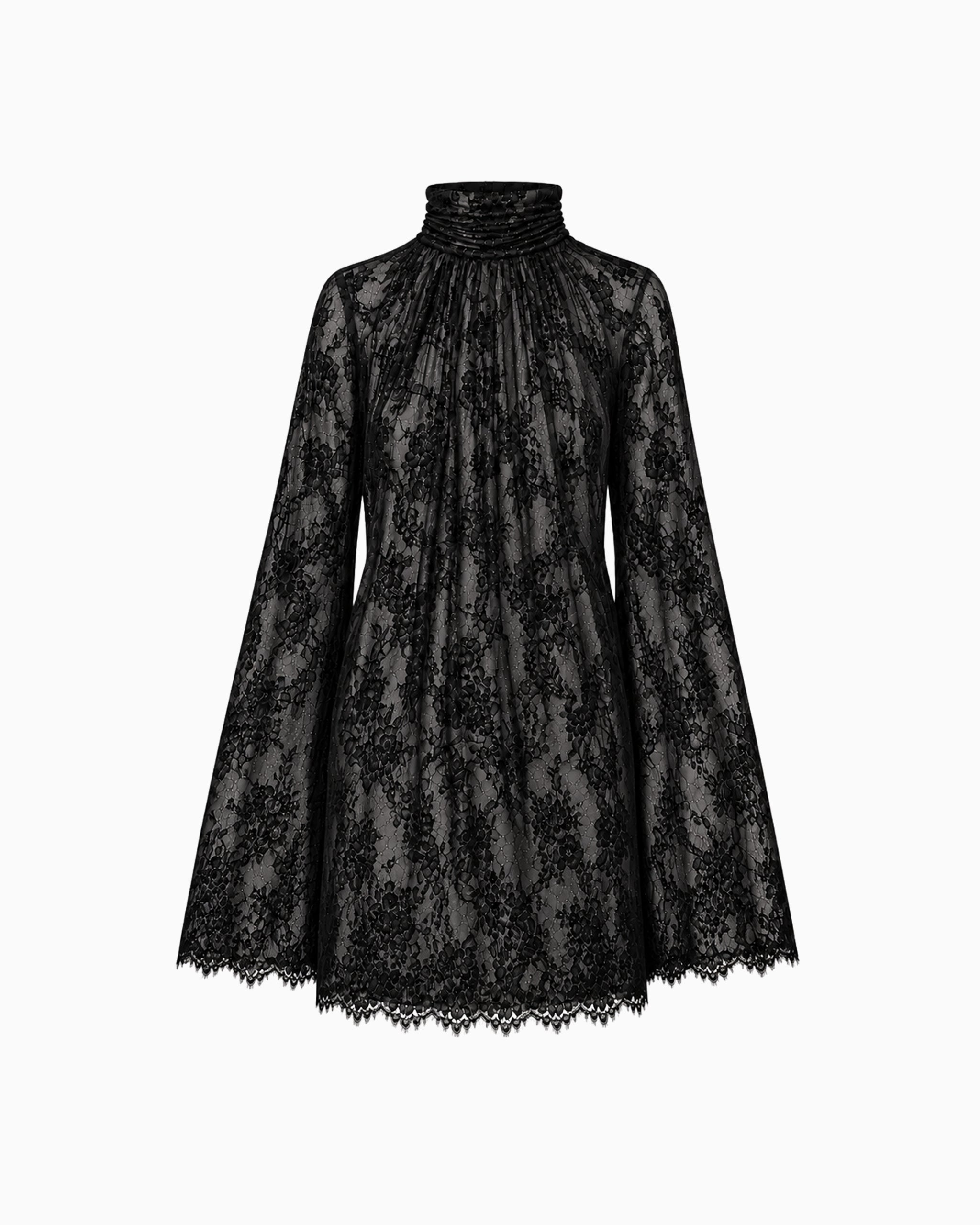 Vestido Manga Longa Flare Gola Alta Renda Haze preto, vista frontal da peça