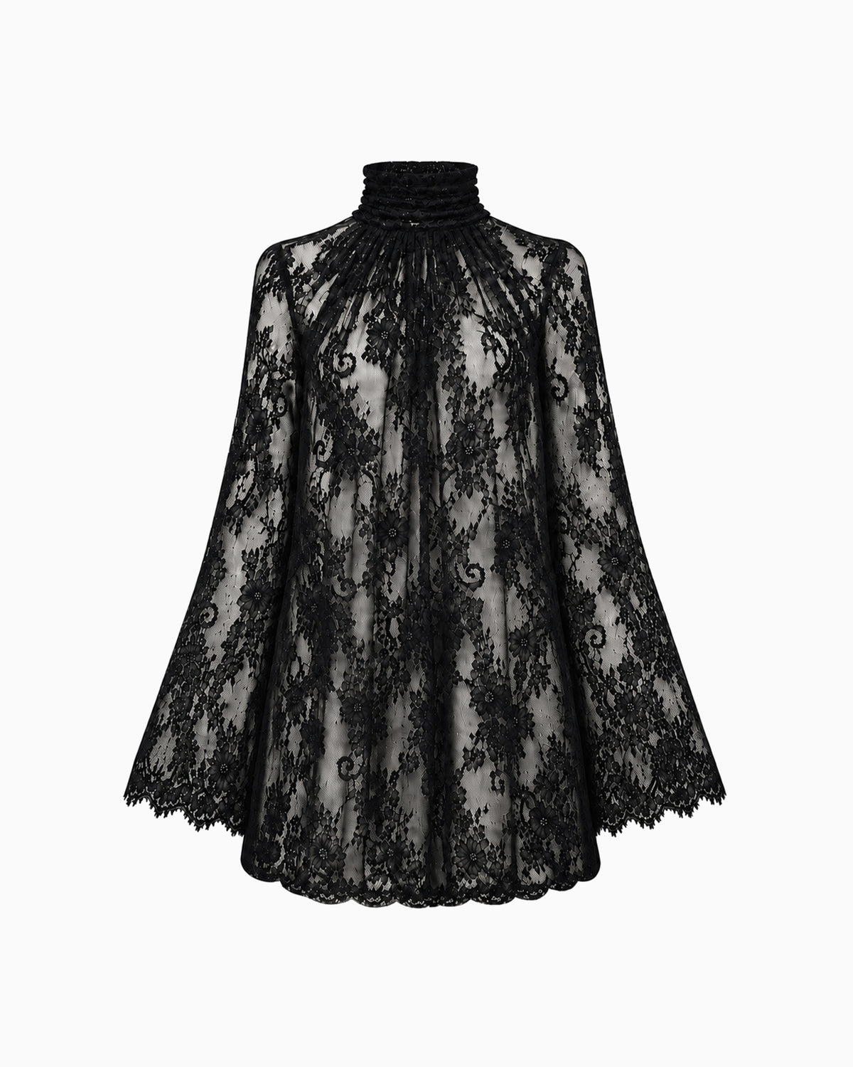 Vestido curto de renda com manga longa e gola alta.