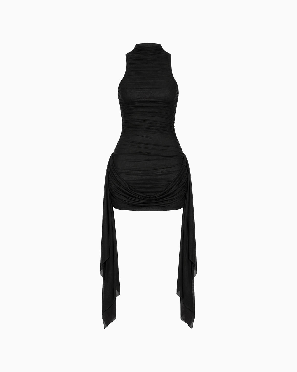 Vestido Sem Manga Tule Faixa Lateral preto com gola alta, drapeados e faixas laterais