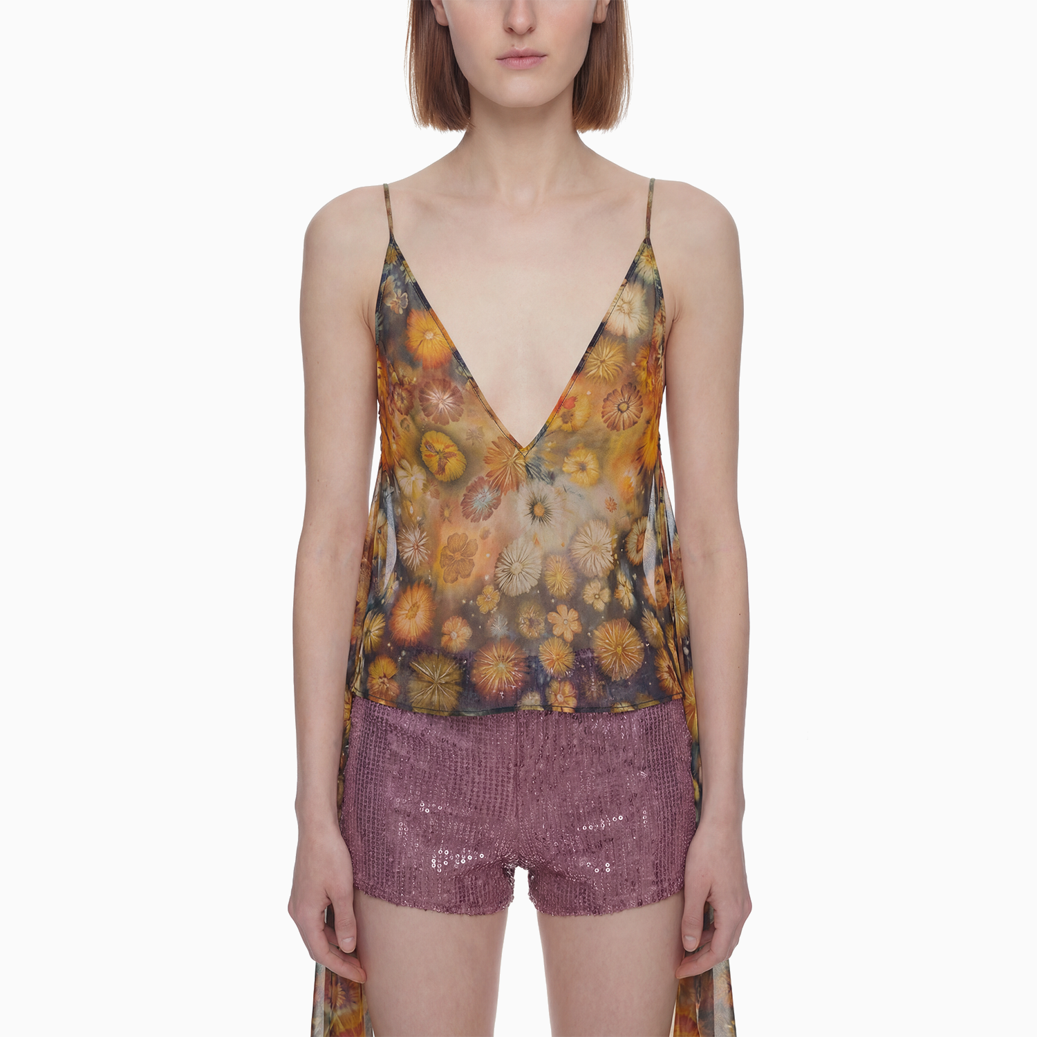 Blusa Decote Tule Hibisco