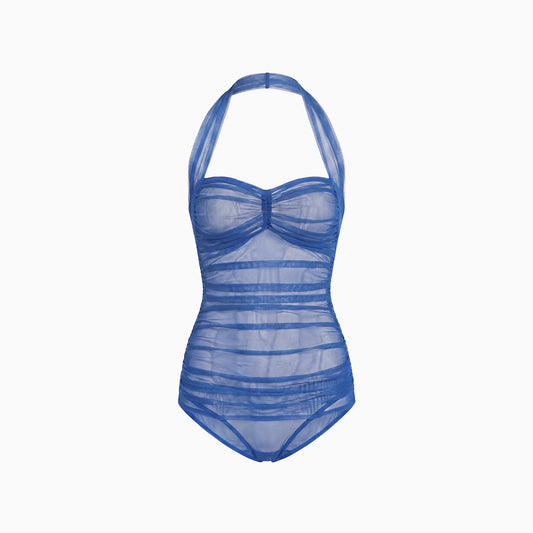 Body Tule Hexa azul em tule semitransparente com franzido horizontal, decote coração e alça halter no pescoço
