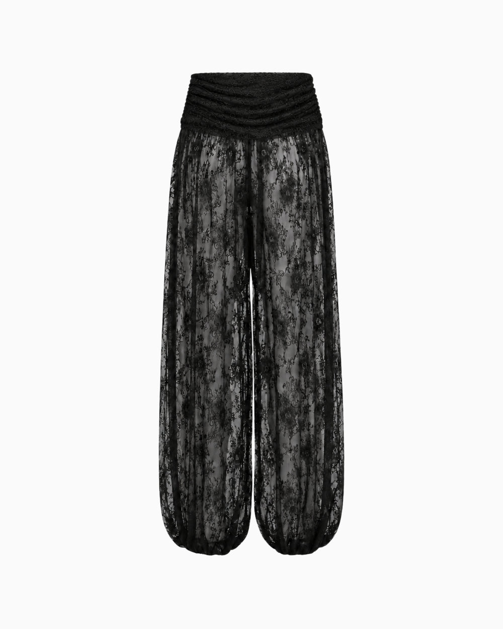 Calça Aladim Pala Drapeada Renda Haze preta de renda floral, pala franzida e barra balonê, peça sozinha
