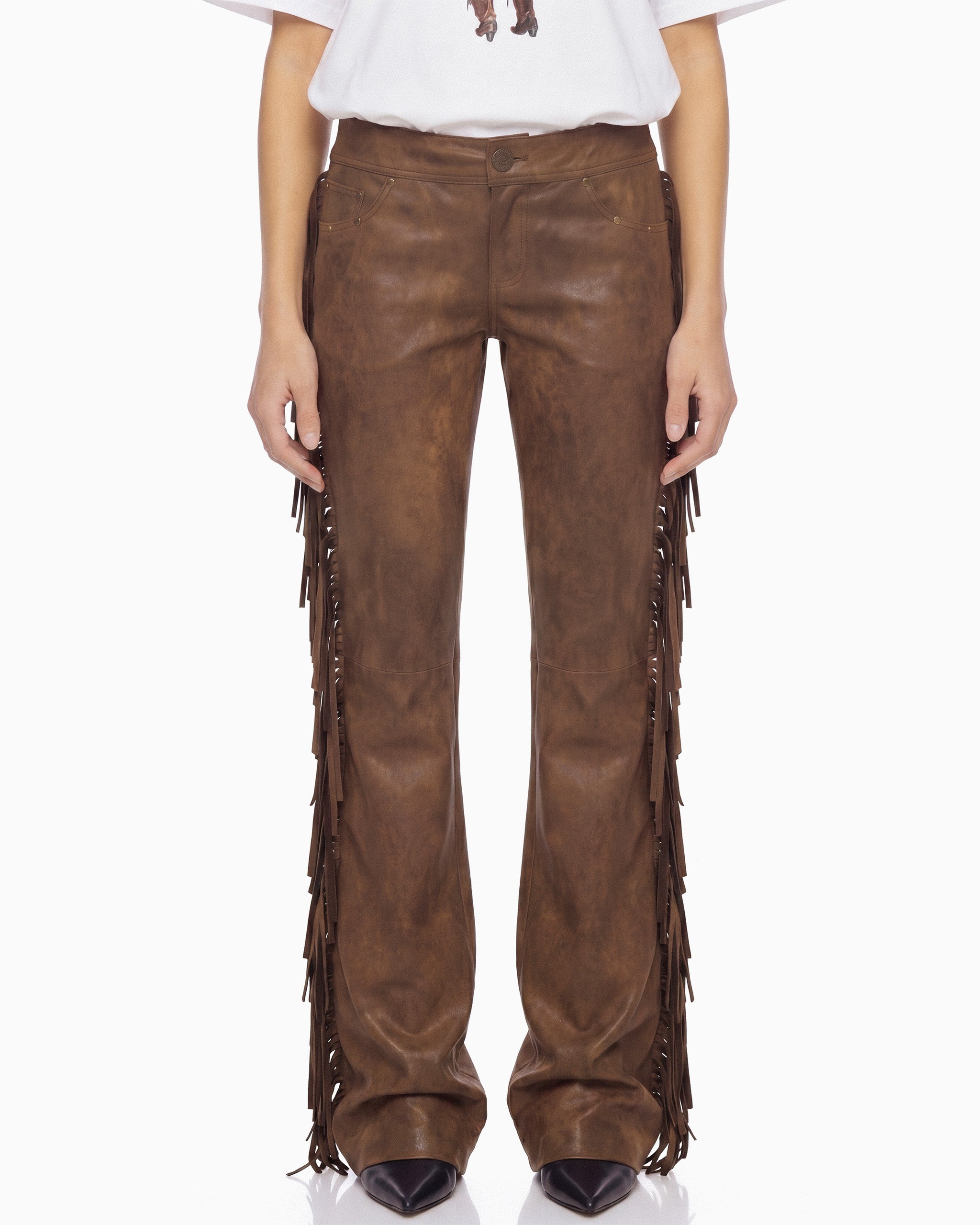 Calça Couro Com Franjas
