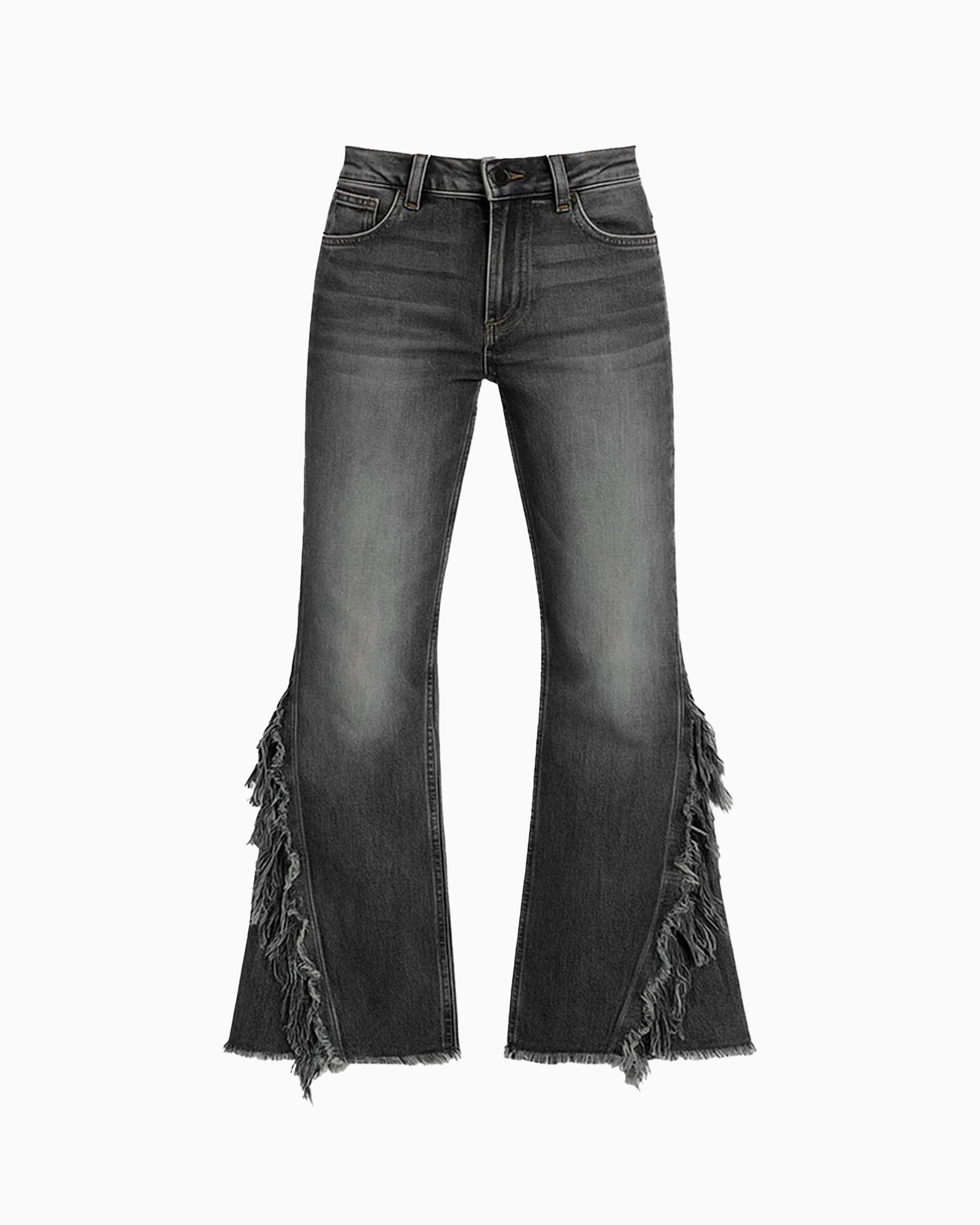 Calça Punk jeans flare cinza lavado, cintura alta, franjas desfiadas nas laterais das pernas e barra puída