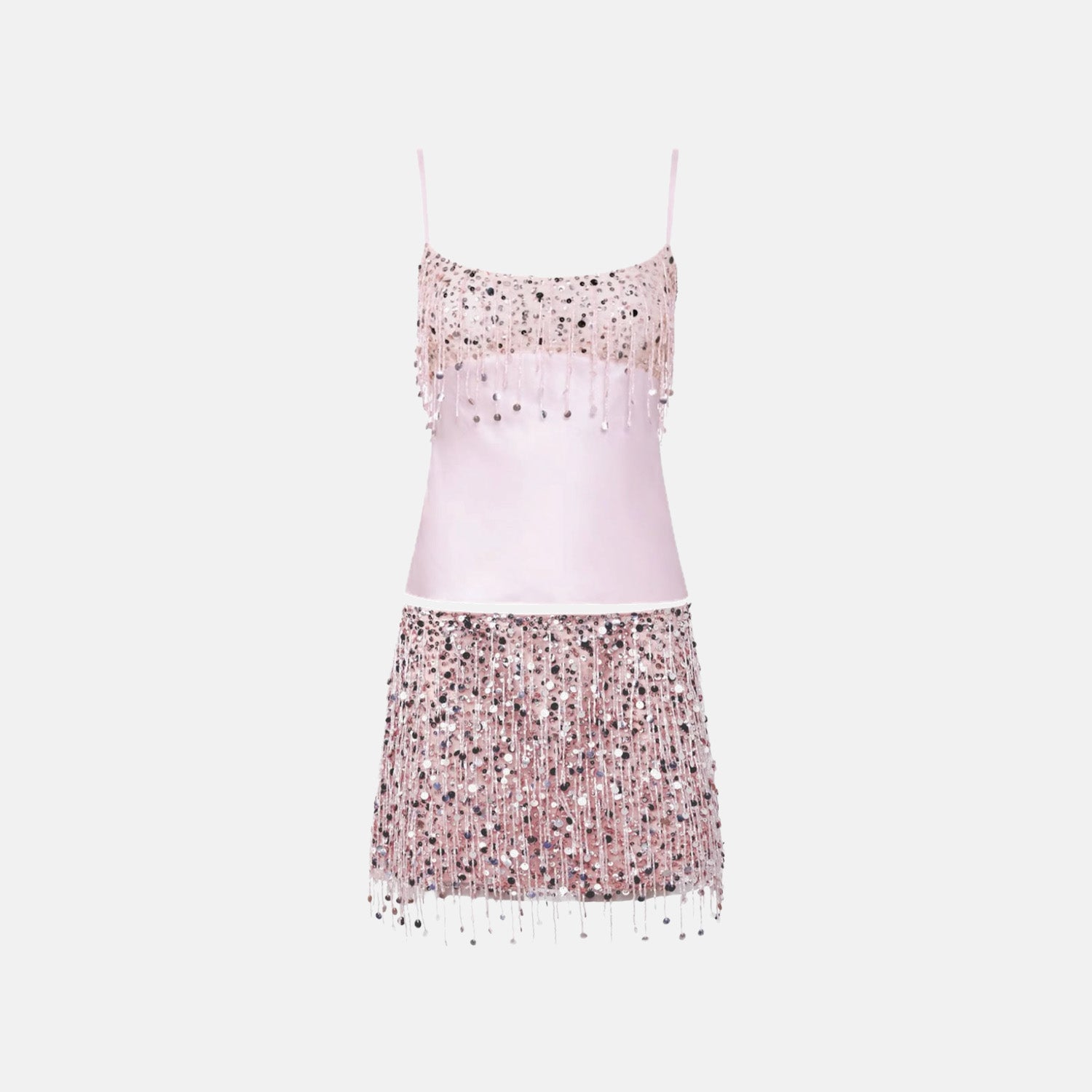 Conjunto Pink Sparkles rosa com blusa de alcinha e saia curta em paetês e franjas brilhantes