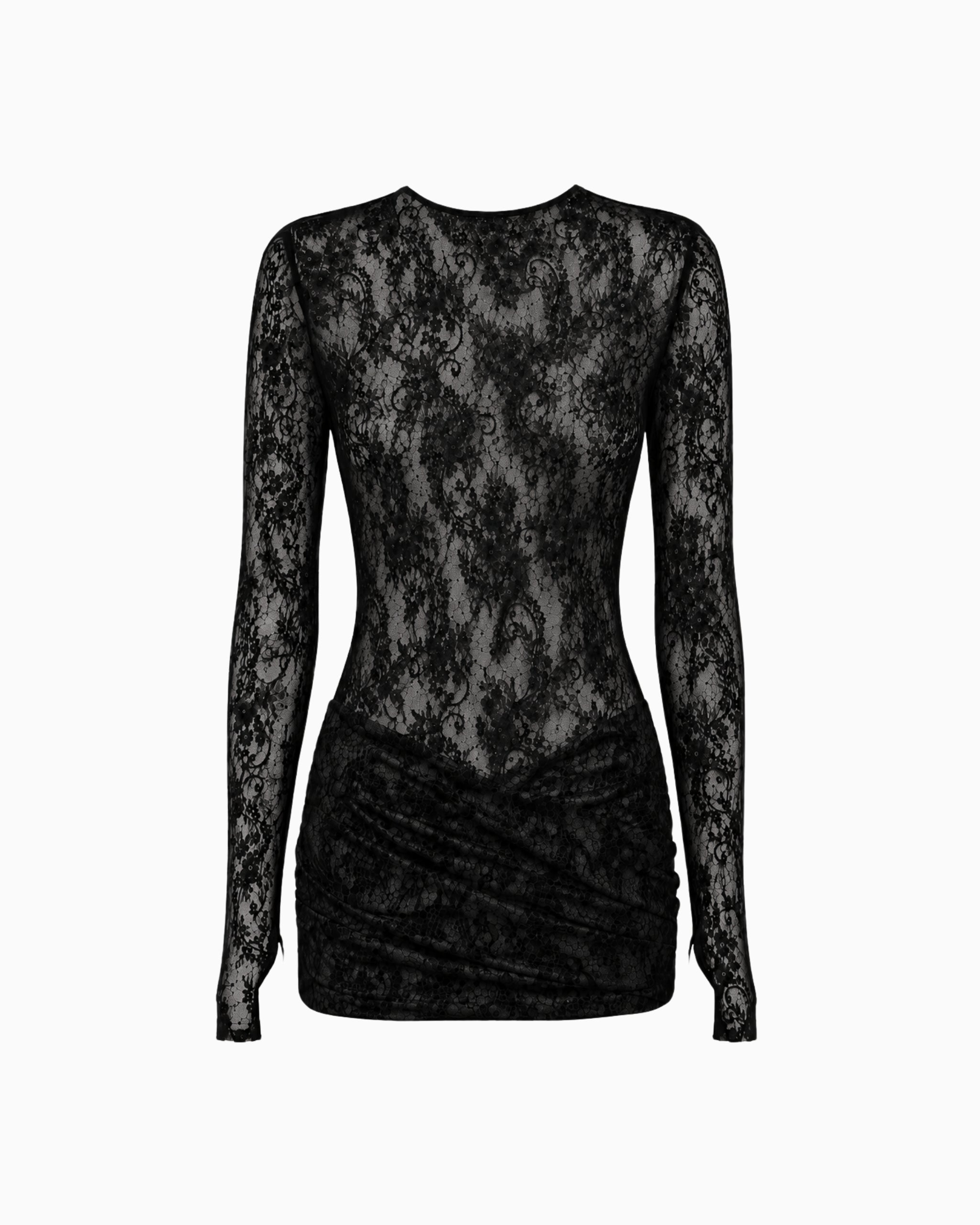 Vestido Curto Drapeado Manga Longa Renda haze