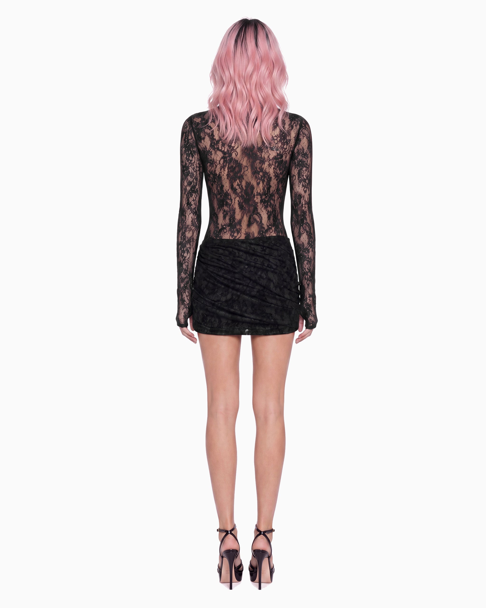 Vestido Curto Drapeado Manga Longa Renda haze