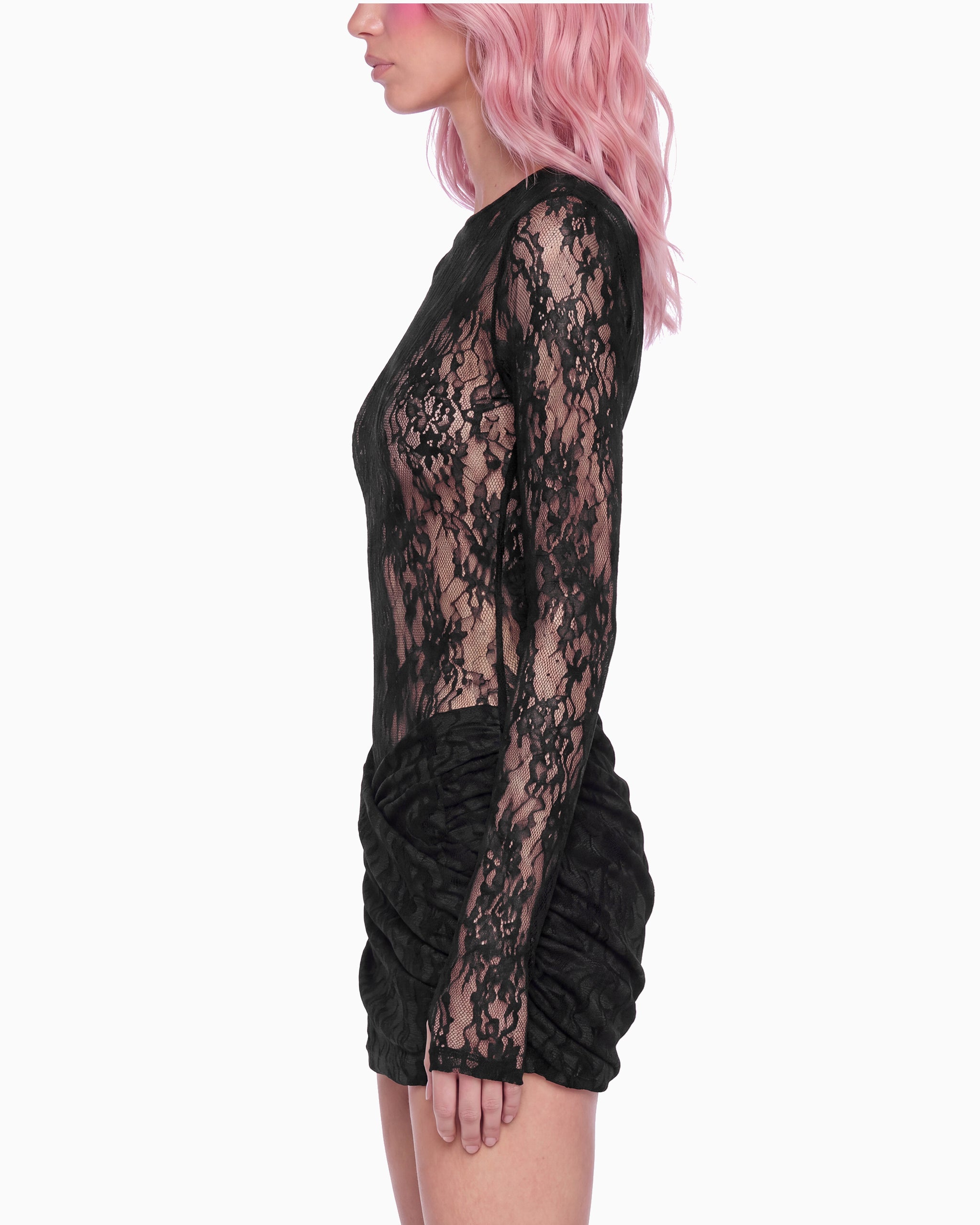 Vestido Curto Drapeado Manga Longa Renda haze