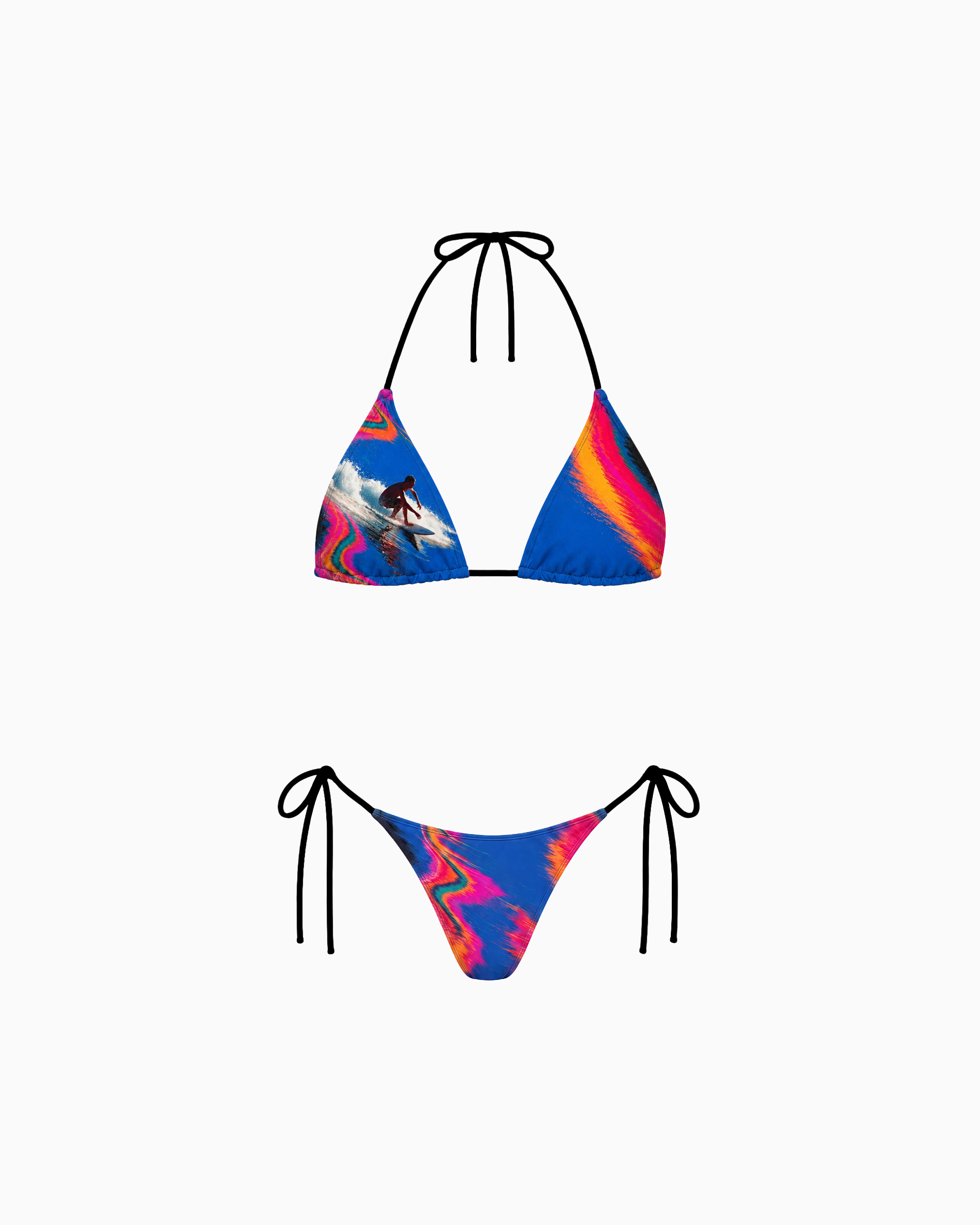 Biquíni Cortininha Surf estampado em azul, rosa e vermelho, vista frontal do conjunto
