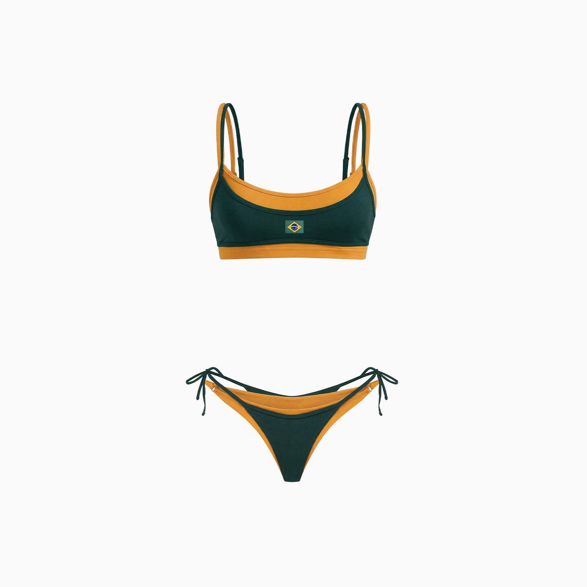 Biquíni Hexa verde e amarelo em still: top de alcinhas com bandeira do Brasil e calcinha de amarrar nas laterais
