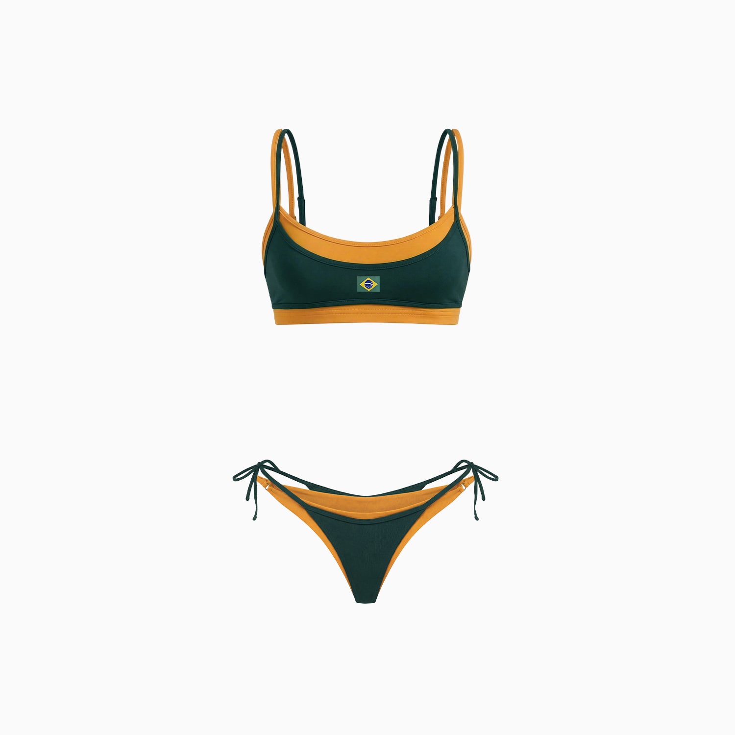 Biquíni Hexa verde e amarelo em still: top de alcinhas com bandeira do Brasil e calcinha de amarrar nas laterais