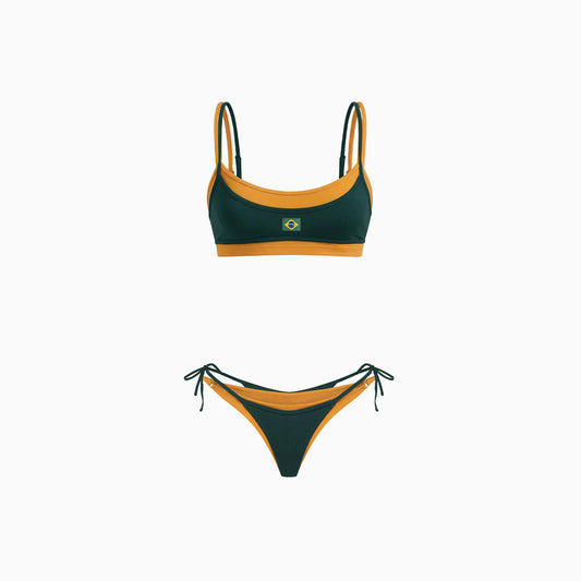 Biquíni Hexa verde e amarelo em still: top de alcinhas com bandeira do Brasil e calcinha de amarrar nas laterais