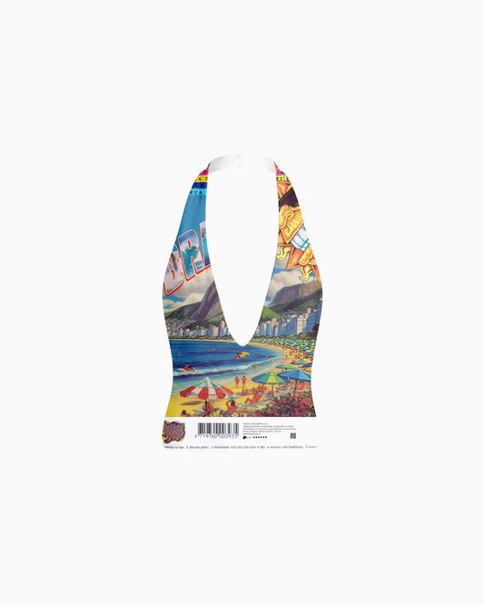 Blusa Brasilidades frente-única com estampa colorida de praia do Rio de Janeiro, decote V profundo e amarração no pescoço