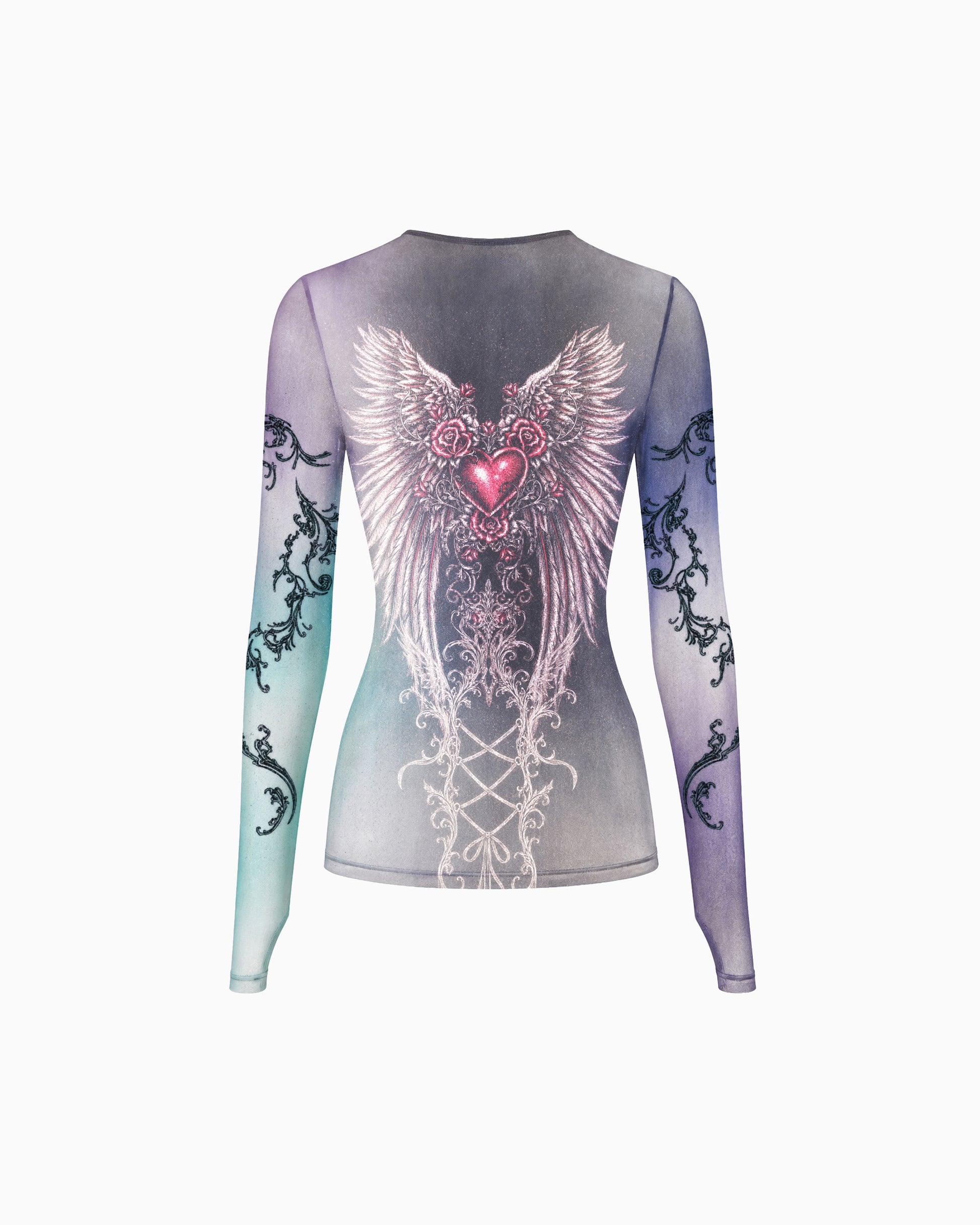 Blusa De Tule Gothic cinza e multicolorida, com estampa de coração alado, vista traseira