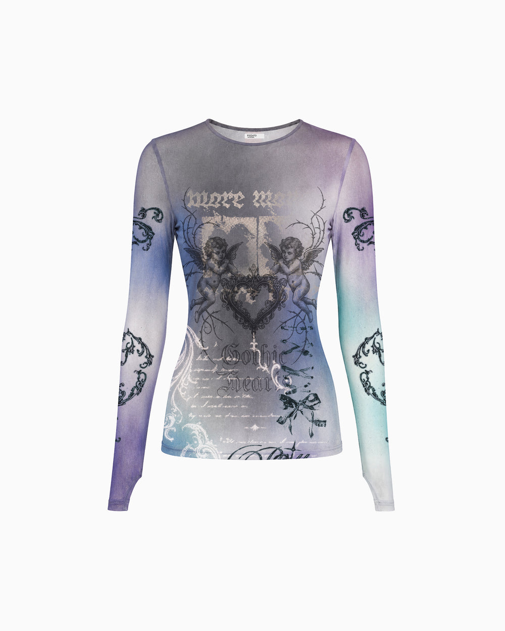 Blusa De Tule Gothic cinza e multicolorida, com mangas longas e estampa de anjos, vista frontal