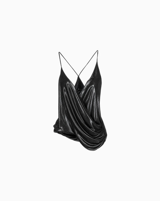 Blusa Drapeada Alça Fina Lurex preta, vista frontal da peça