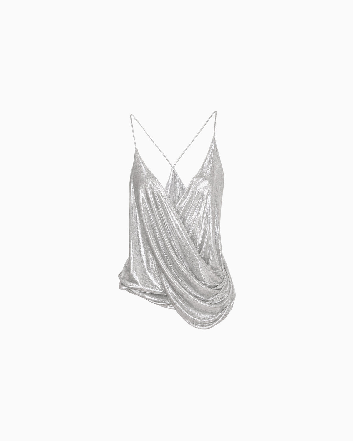 Blusa Drapeada Alça Fina Lurex prata, vista frontal da peça