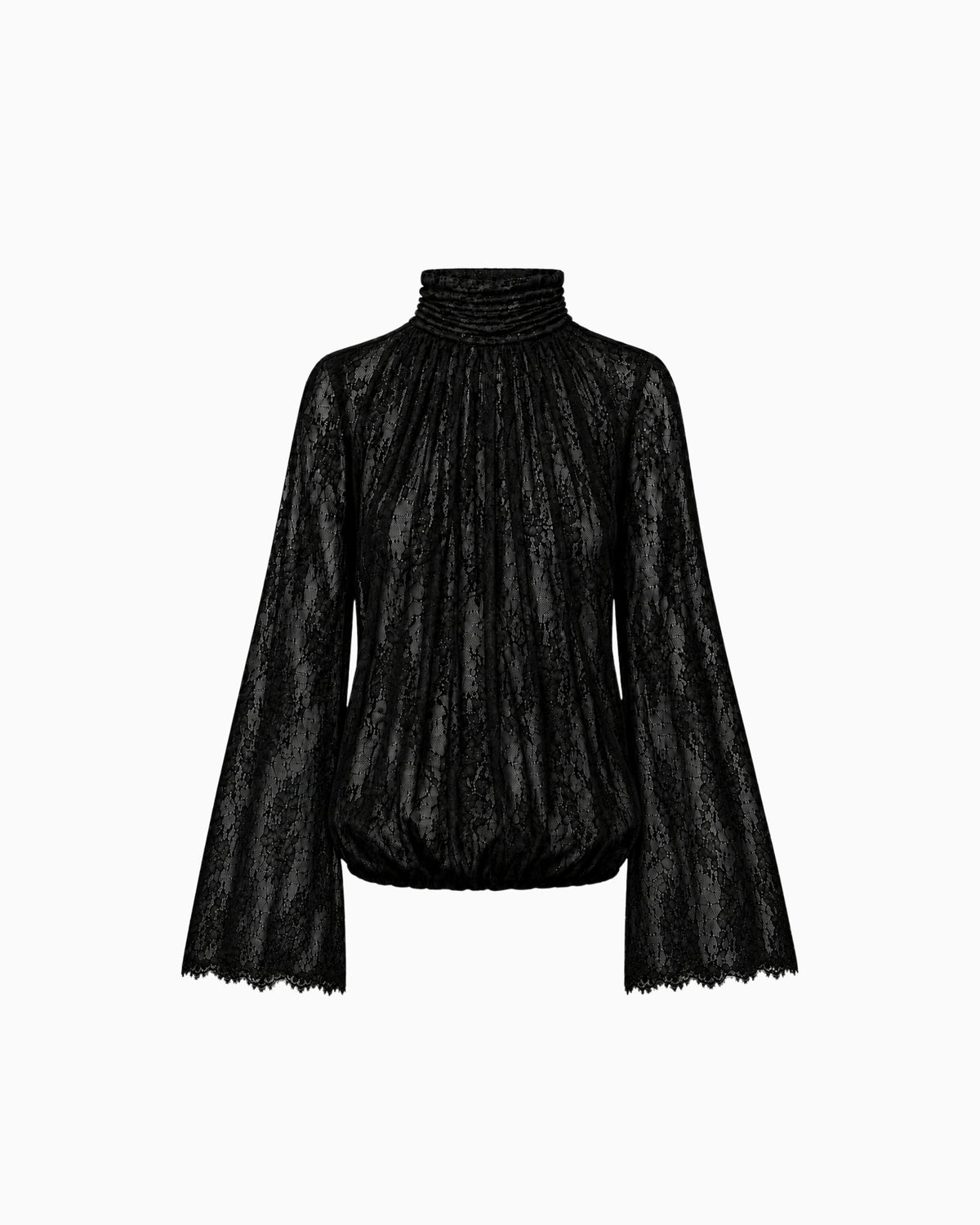 Blusa Manga Flare Gola Alta Renda Haze preta, gola alta franzida e barra bufante, peça sozinha