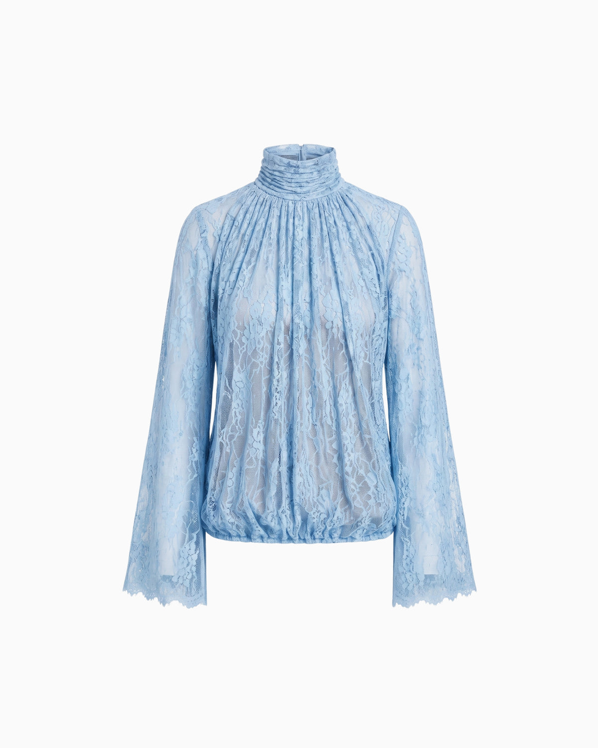 Blusa Manga Flare Gola Alta Renda Haze azul claro, gola alta franzida e manga flare, peça sozinha