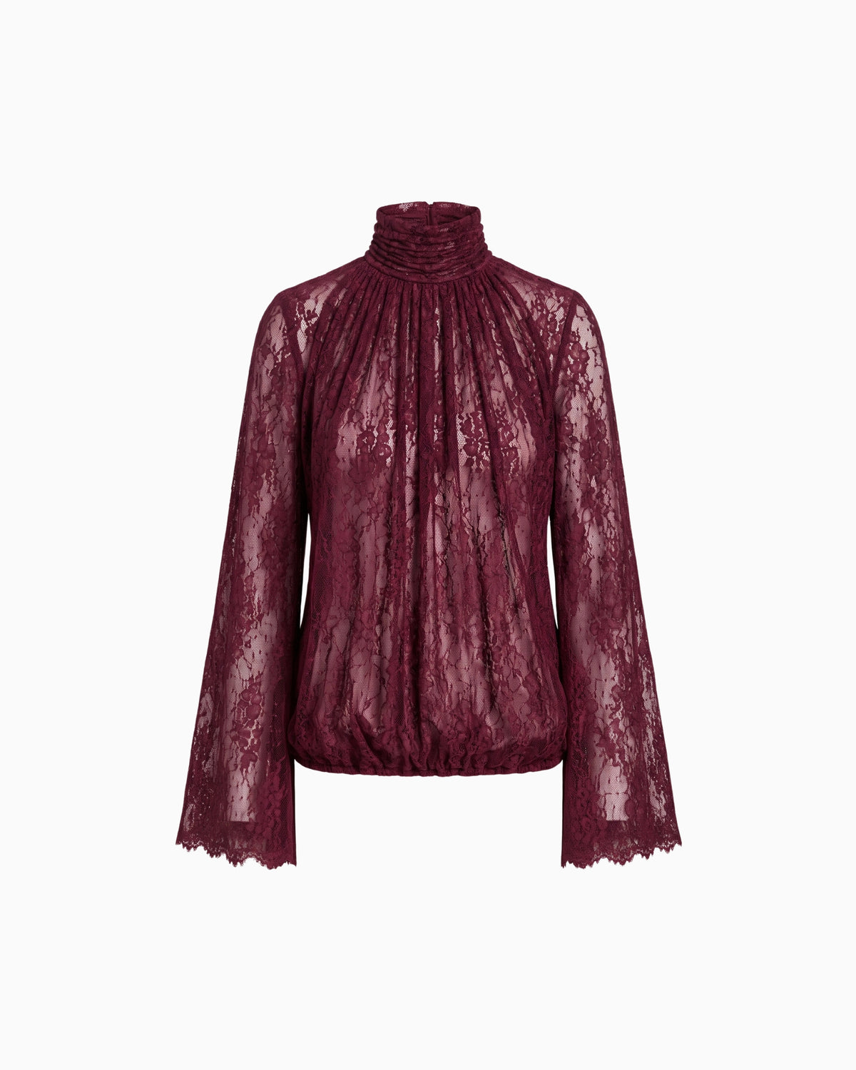 Blusa Manga Flare Gola Alta Renda Haze vinho, renda floral, gola franzida e barra elástica, peça sozinha