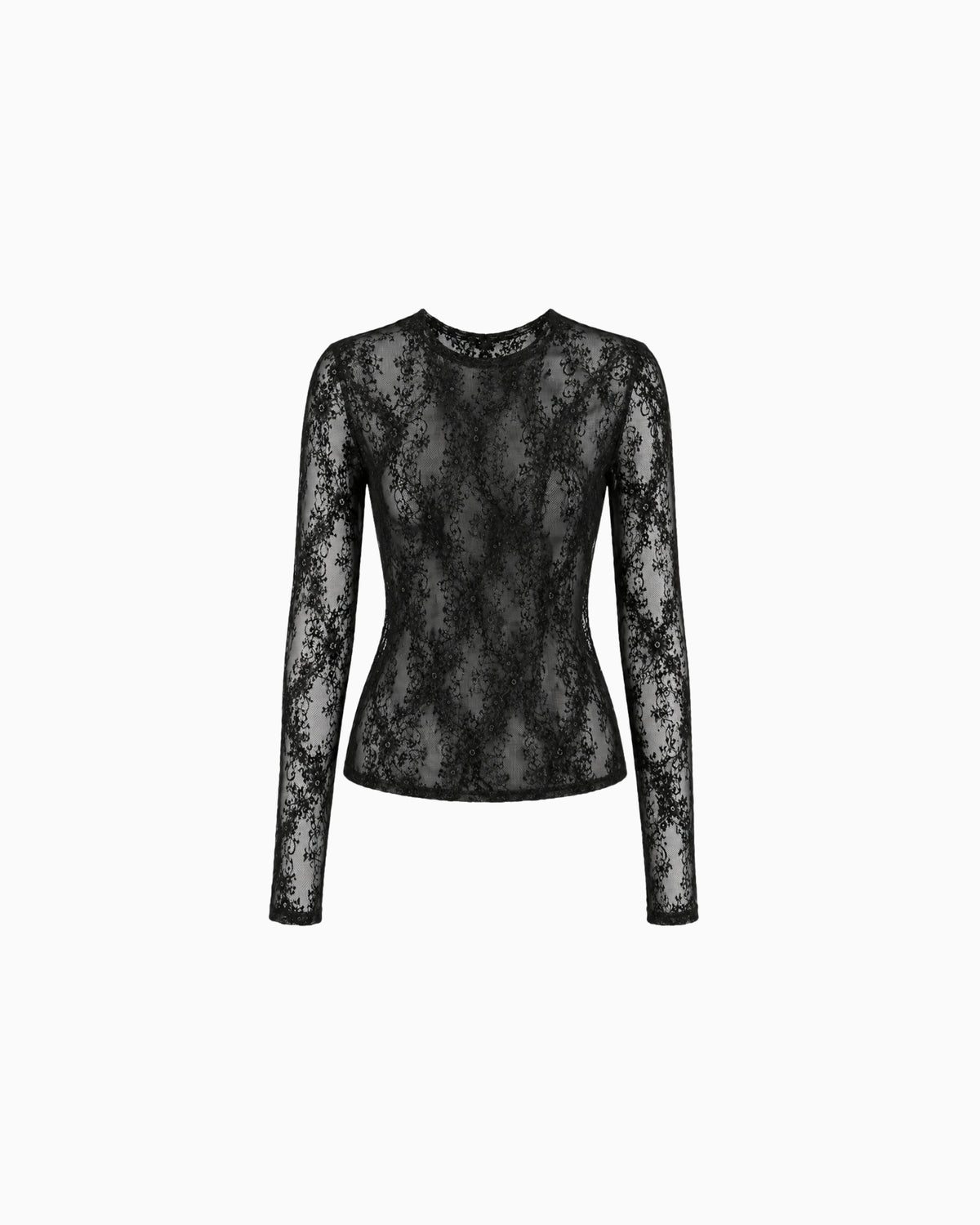 Blusa Manga Longa Renda Haze preta em renda floral transparente, gola redonda e manga longa, peça sozinha