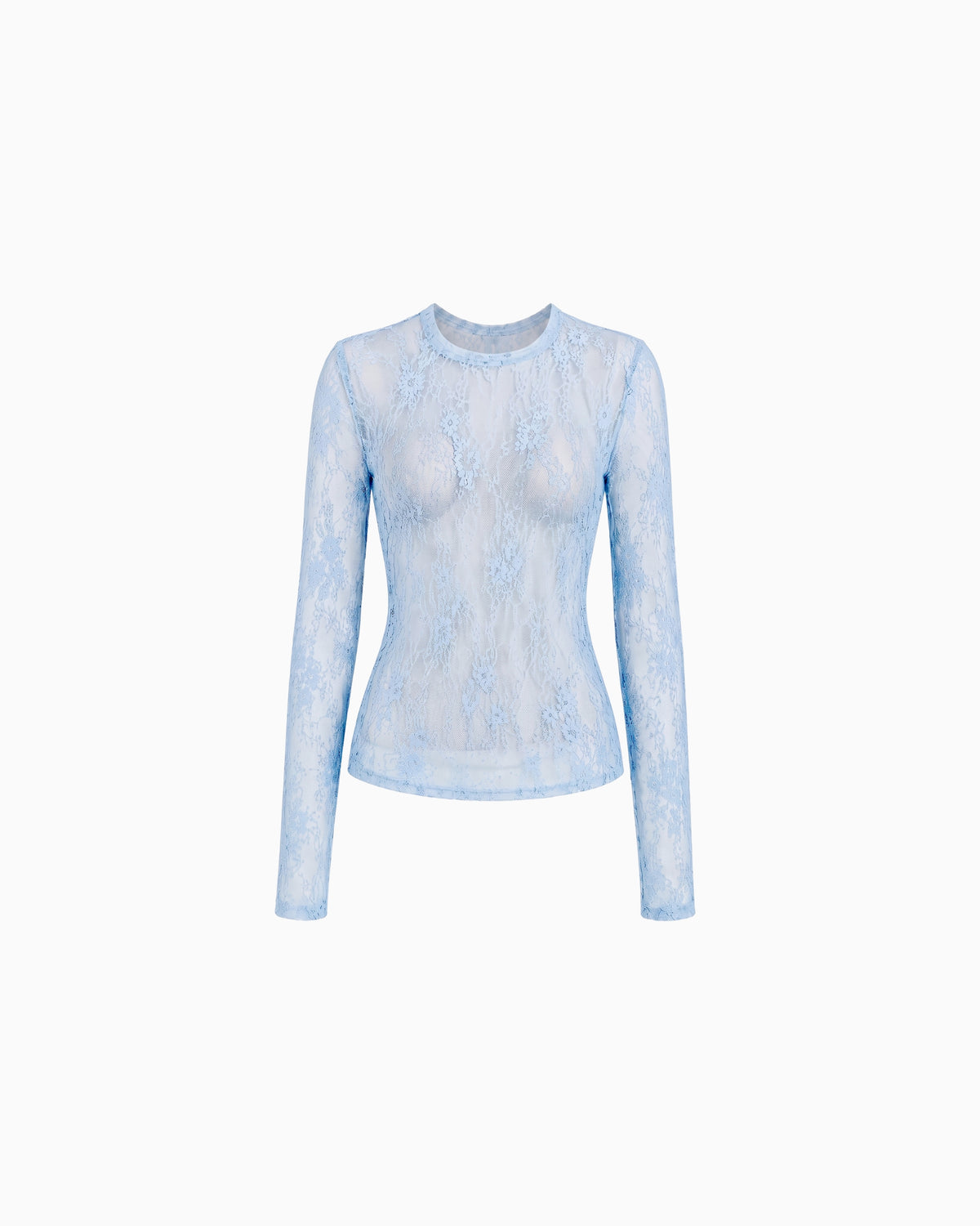 Blusa Manga Longa Renda Haze azul claro em renda floral transparente, gola redonda e manga longa justa