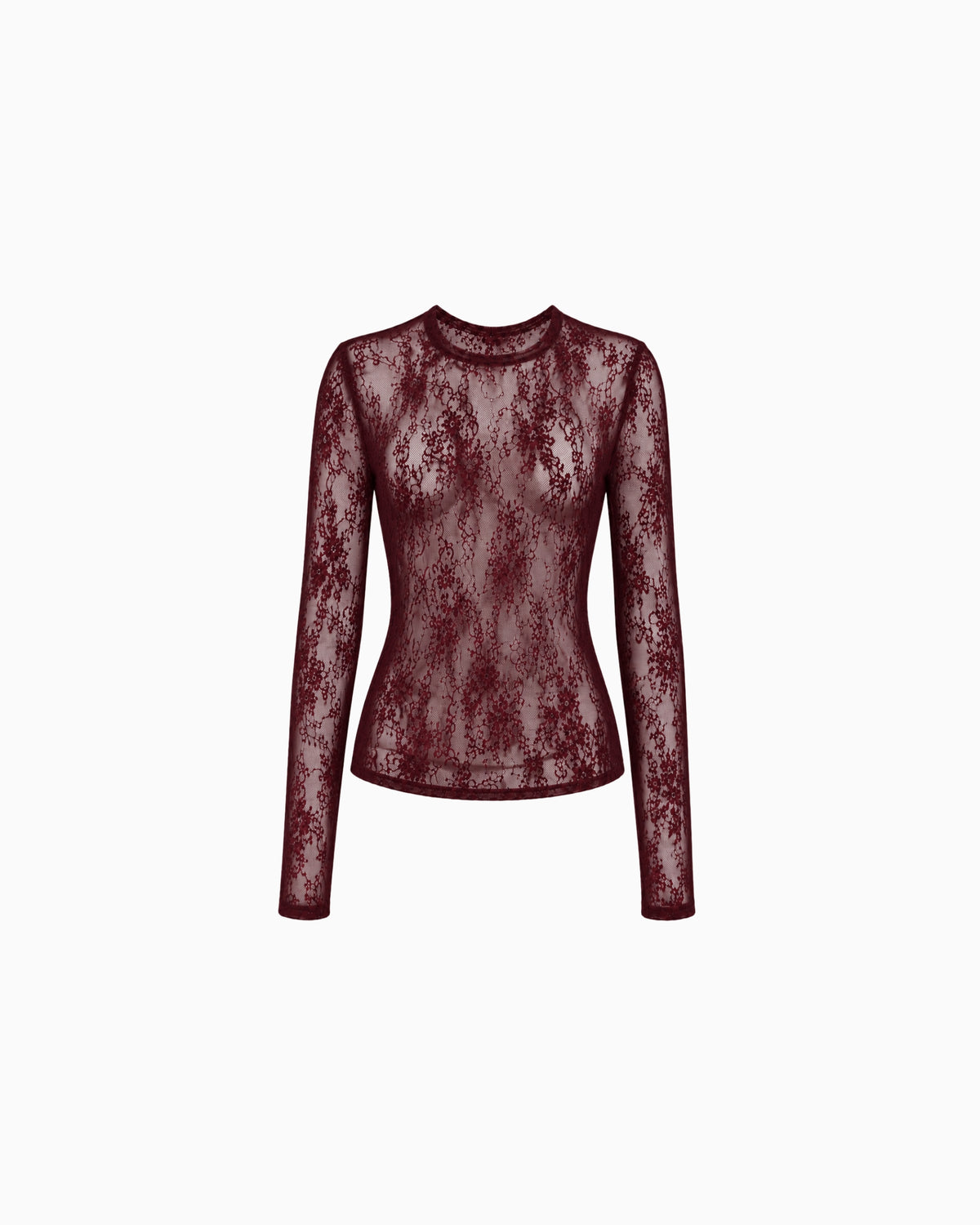 Blusa Manga Longa Renda Haze vinho em renda floral transparente, gola redonda e manga longa, peça sozinha