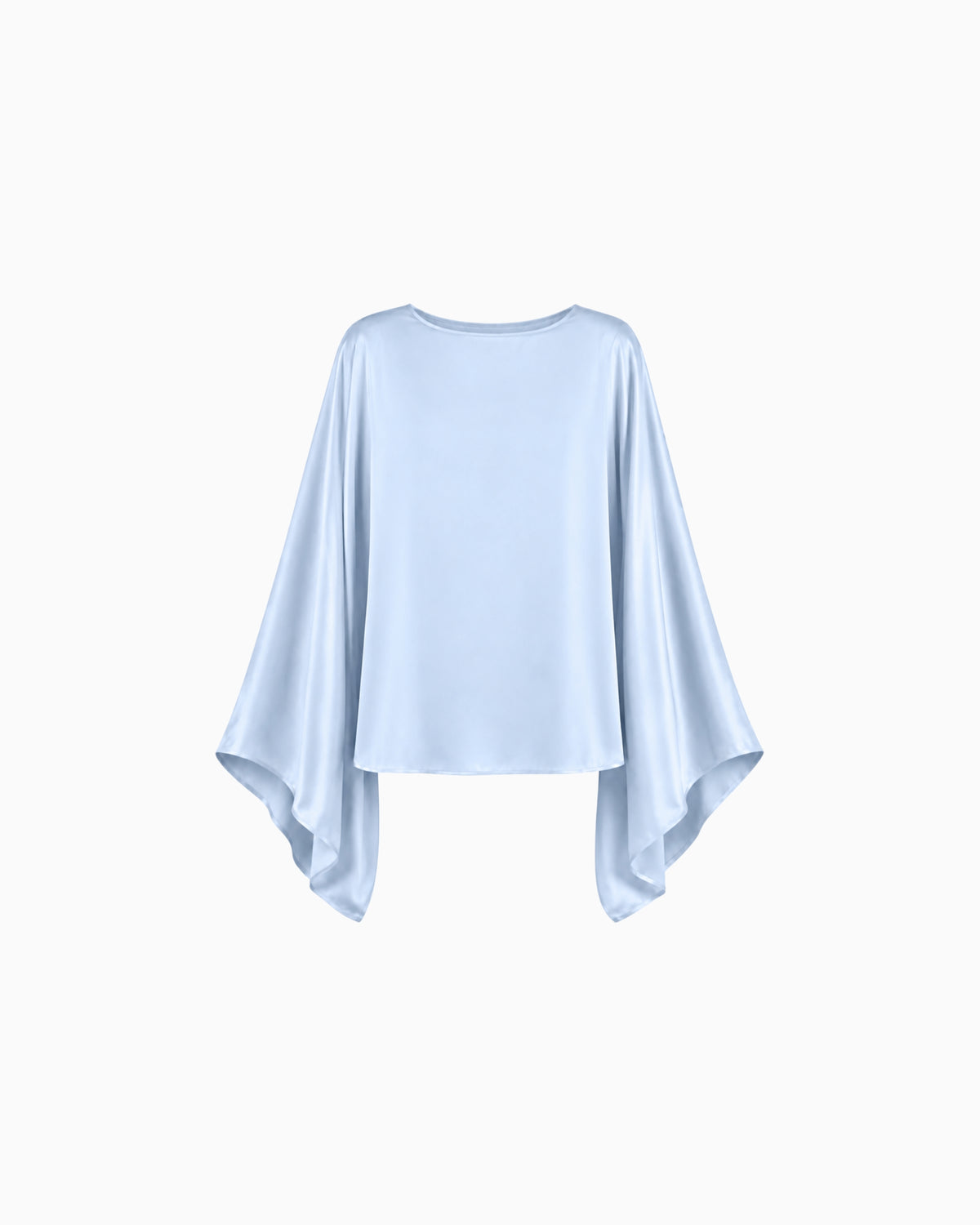Blusa Manga Morcego Crepe Ivo azul claro, decote canoa, corpo curto e mangas morcego largas, peça sozinha