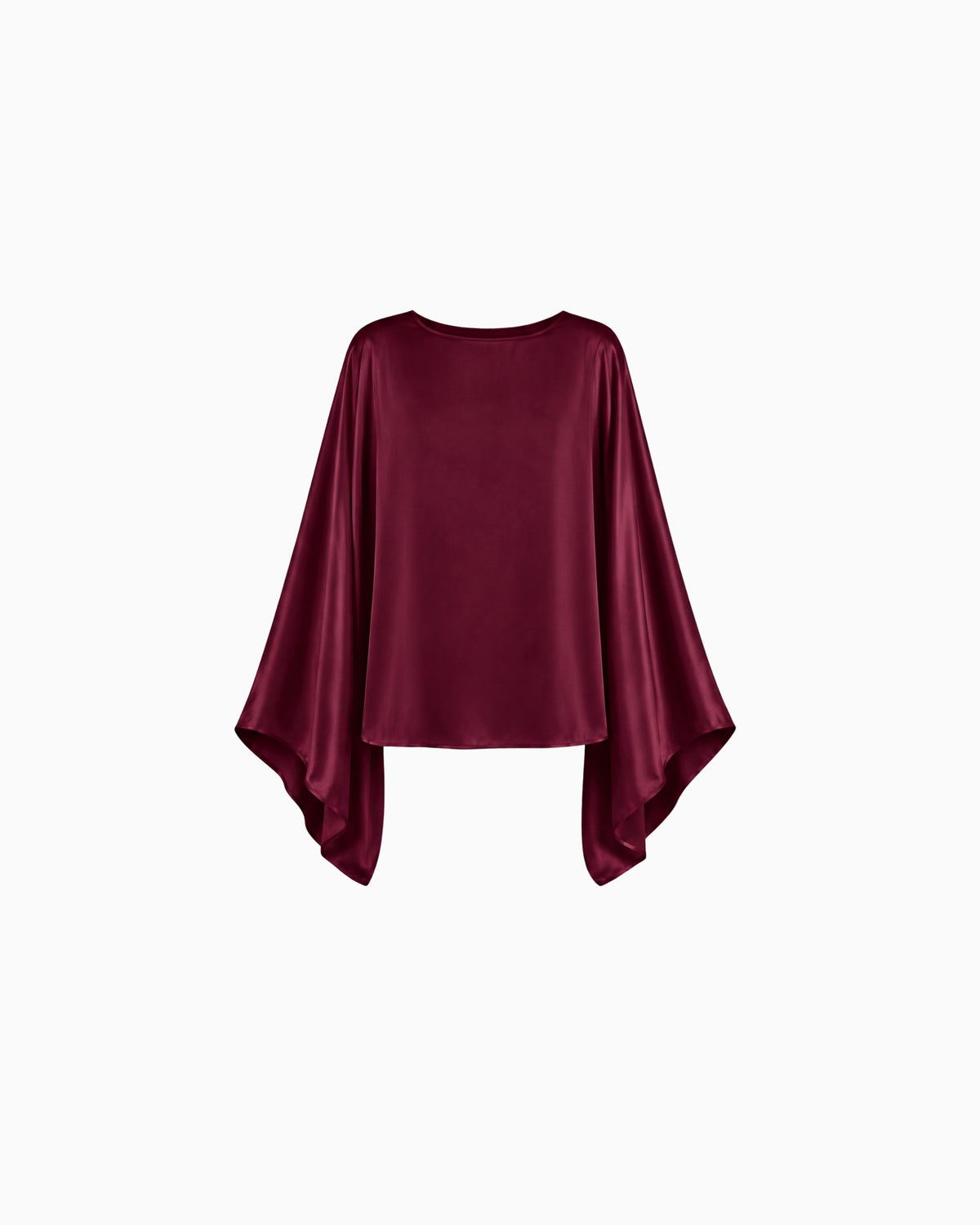 Blusa Manga Morcego Crepe Ivo vinho em cetim, decote canoa e mangas morcego em ponta, peça sozinha