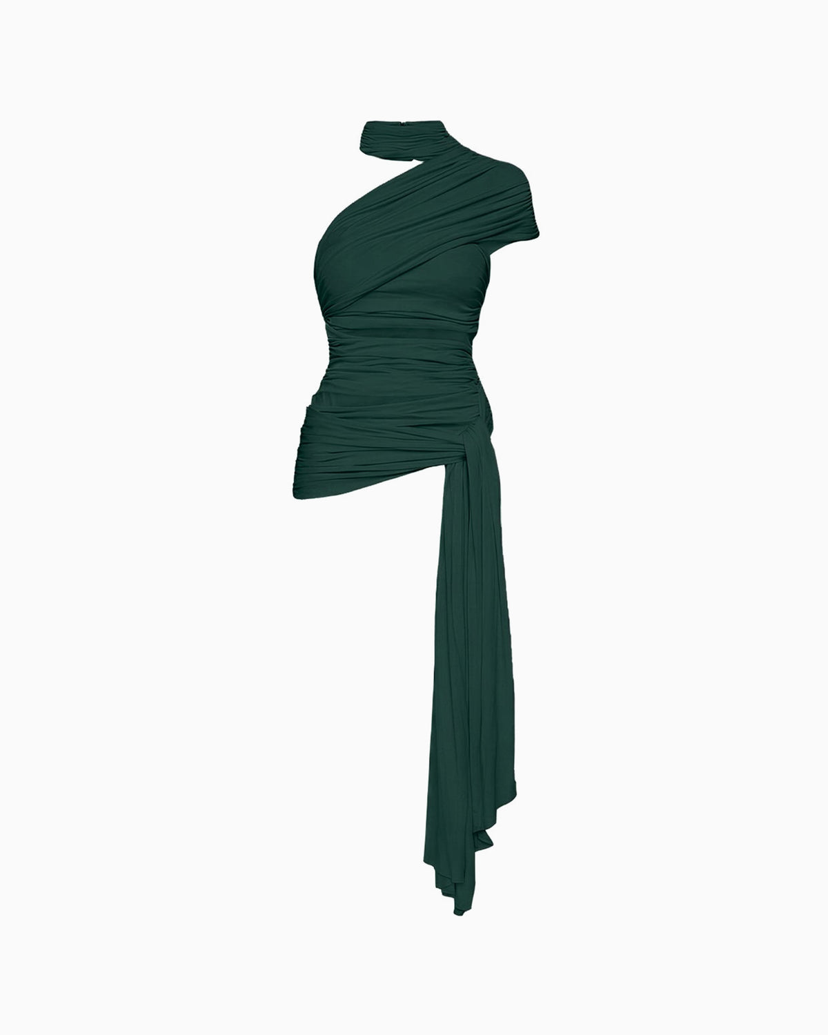 Blusa Ombro Drapeado Hexa verde com um ombro só, corpo drapeado franzido, gola choker e caimento longo lateral