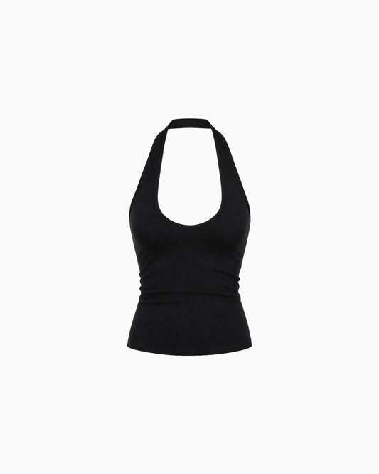 Blusa Poliamida Decote Light na cor Preto, frente única com decote U profundo, peça sozinha