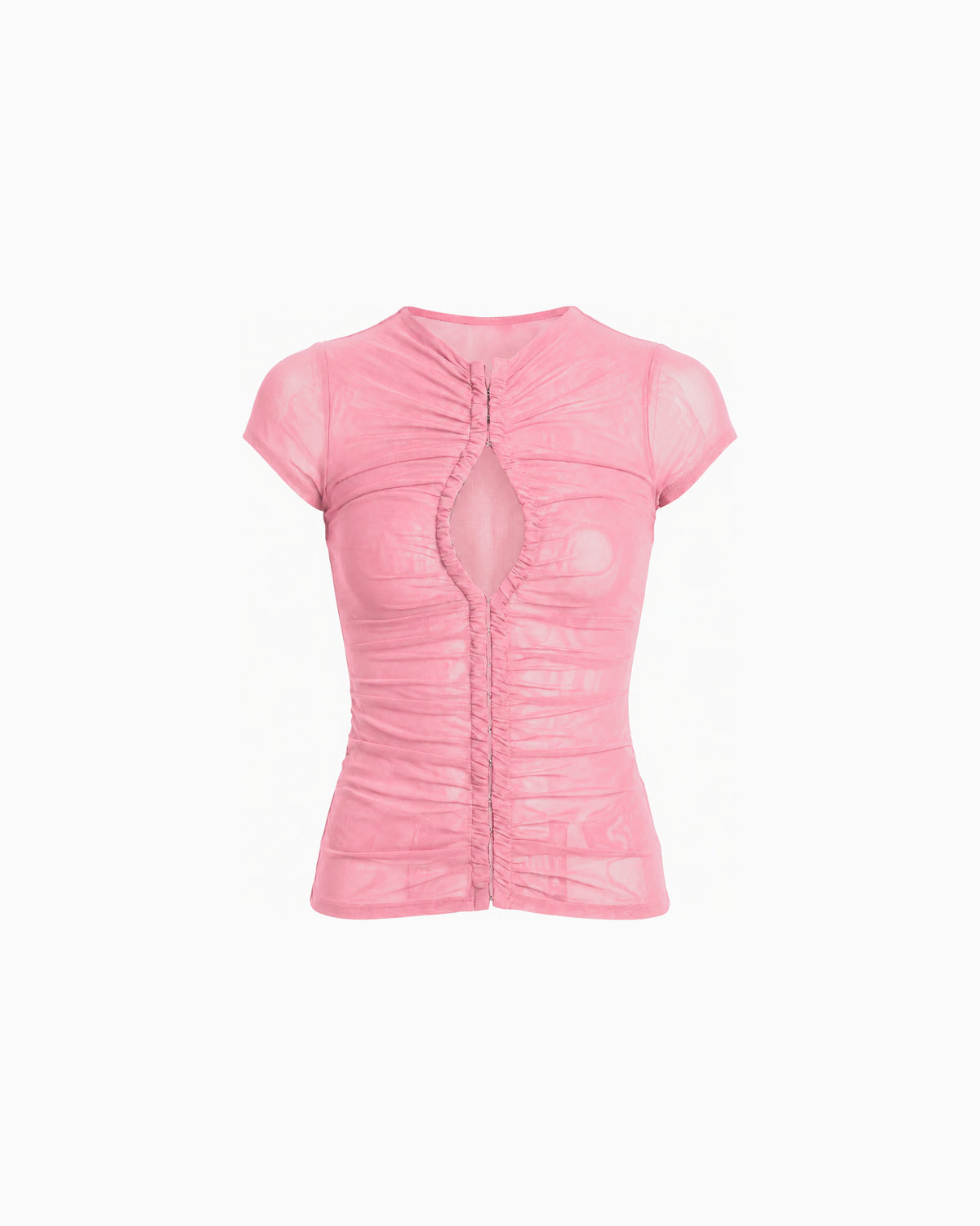 Blusa Tule Drapeada Decote Gota rosa, com mangas curtas, franzidos e fechamento frontal por colchetes, vista frontal