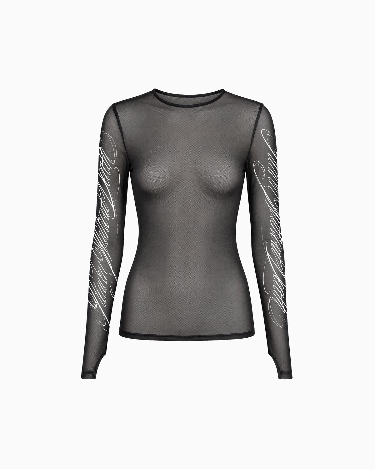 BlusaTuleEstampasLaterais preta em tule transparente, com estampas brancas nas mangas, vista frontal