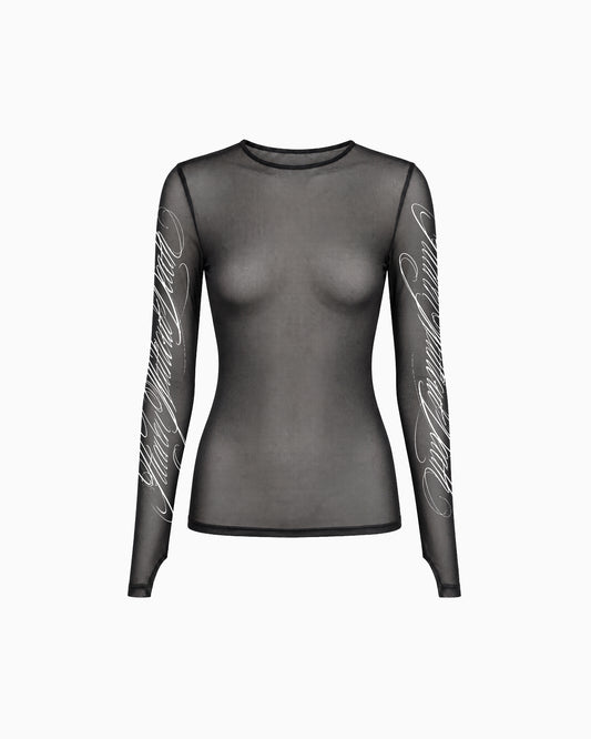BlusaTuleEstampasLaterais preta em tule transparente, com estampas brancas nas mangas, vista frontal